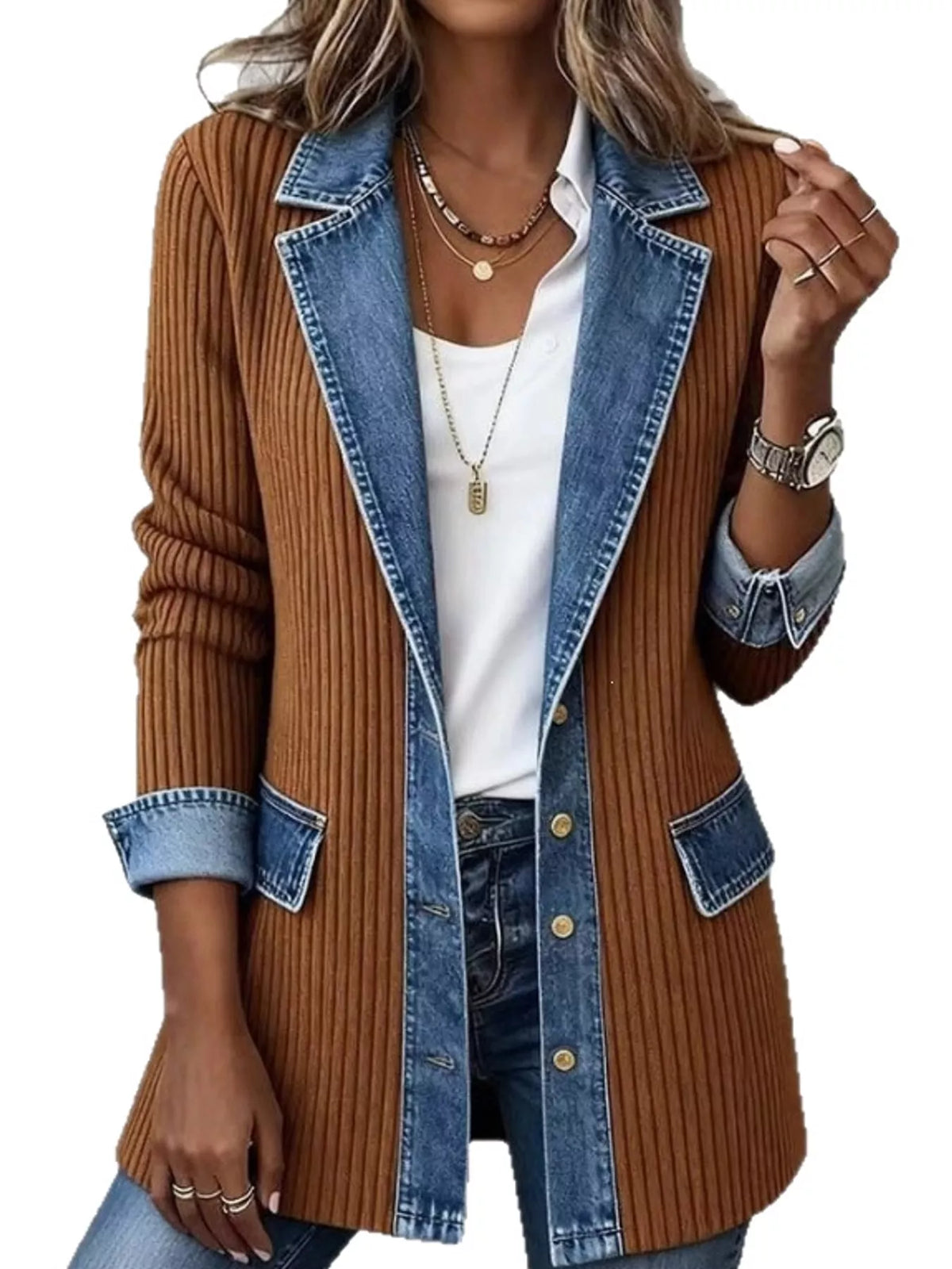 Denim-trim rib cardigan – khaki