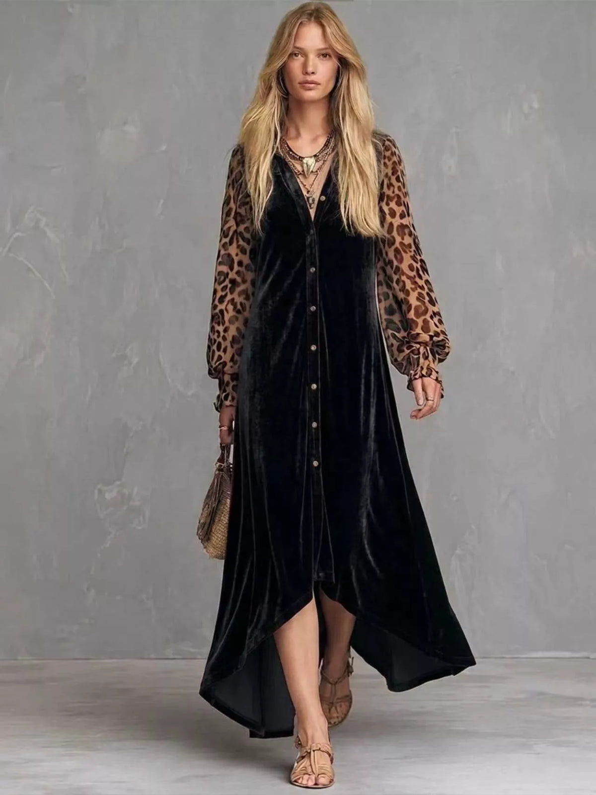 Leopard velvet maxi dress – black