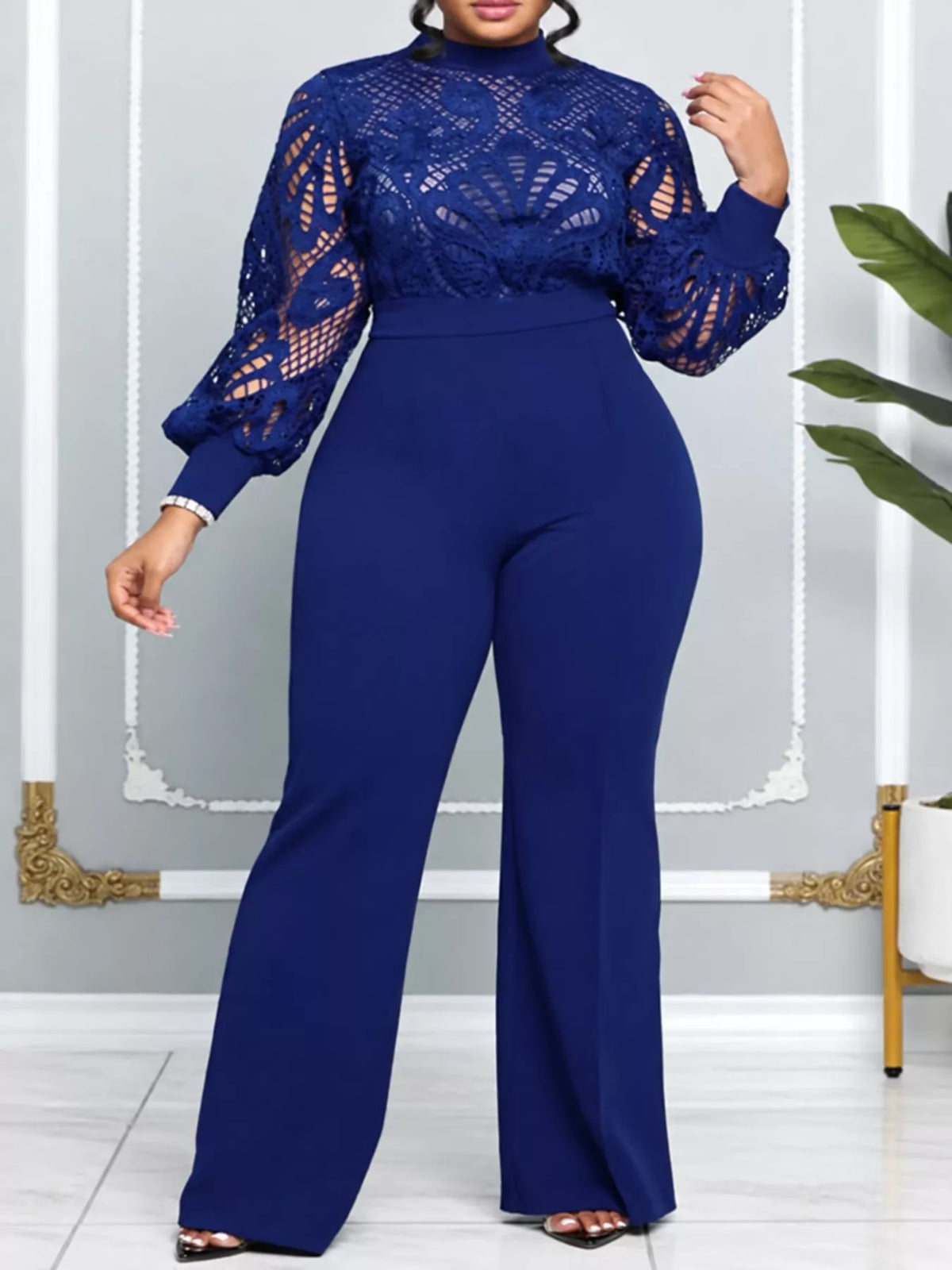 Lace lantern-sleeve jumpsuit – blue