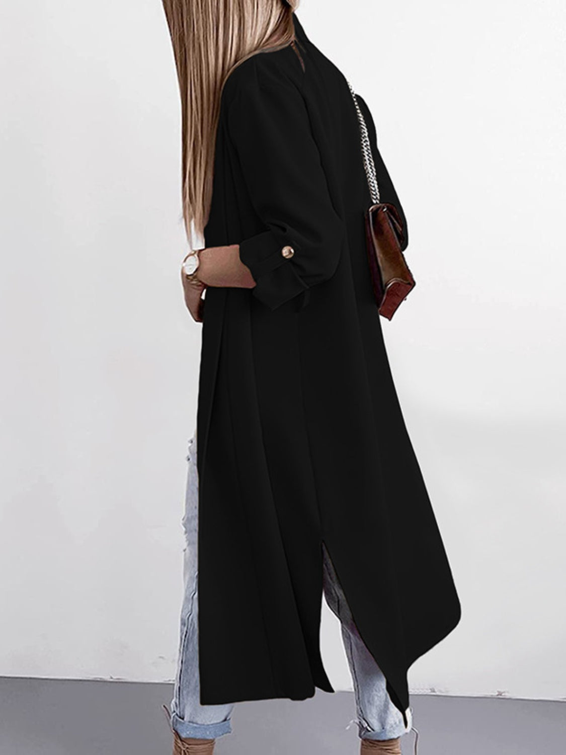 Slit open front roll-tab sleeve trench coat