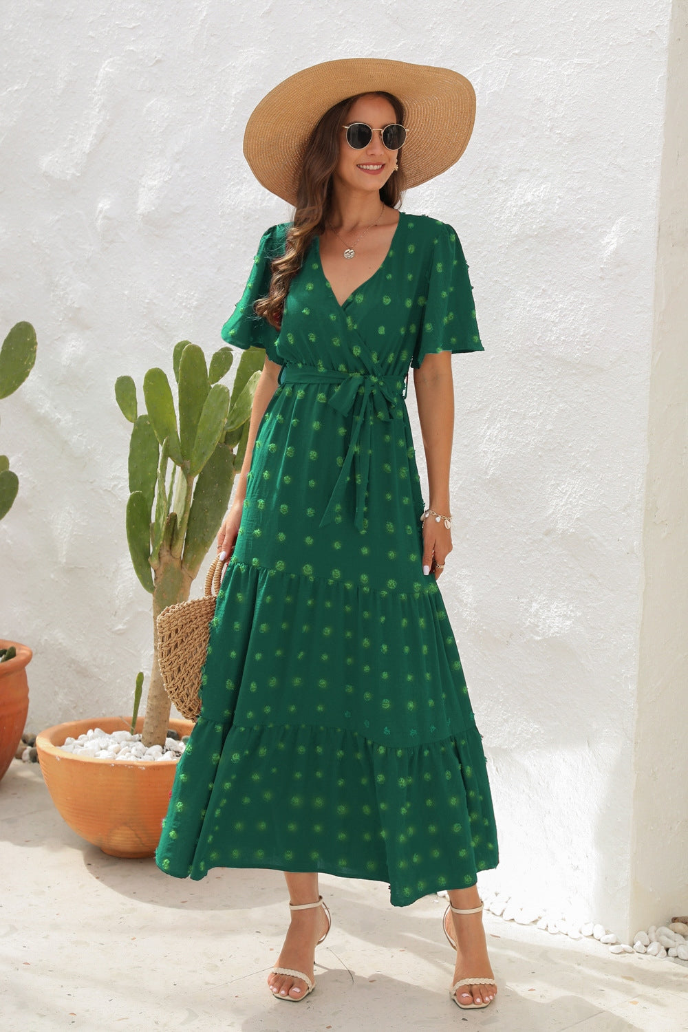 Swiss dot tied surplice short sleeve dress, Dark Green