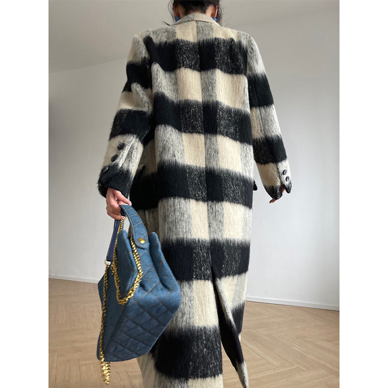Check wool-blend overcoat