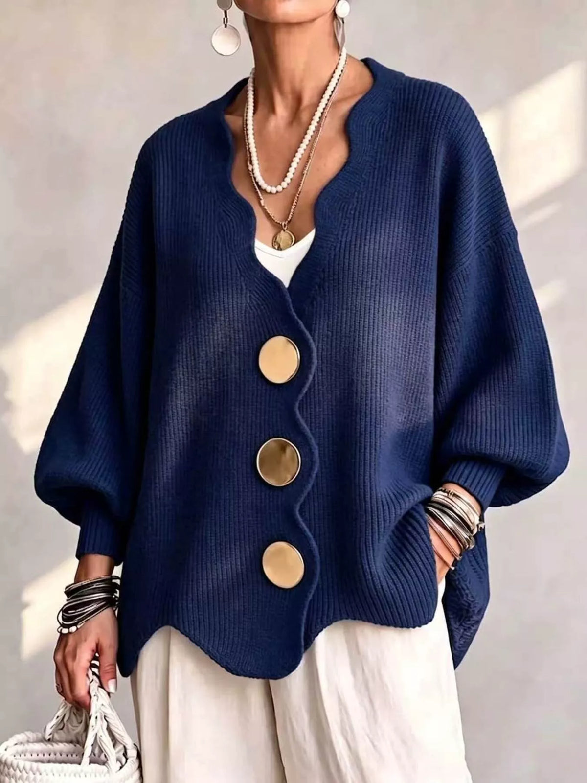 Scalloped-edge oversized button-down cardigan, Navy