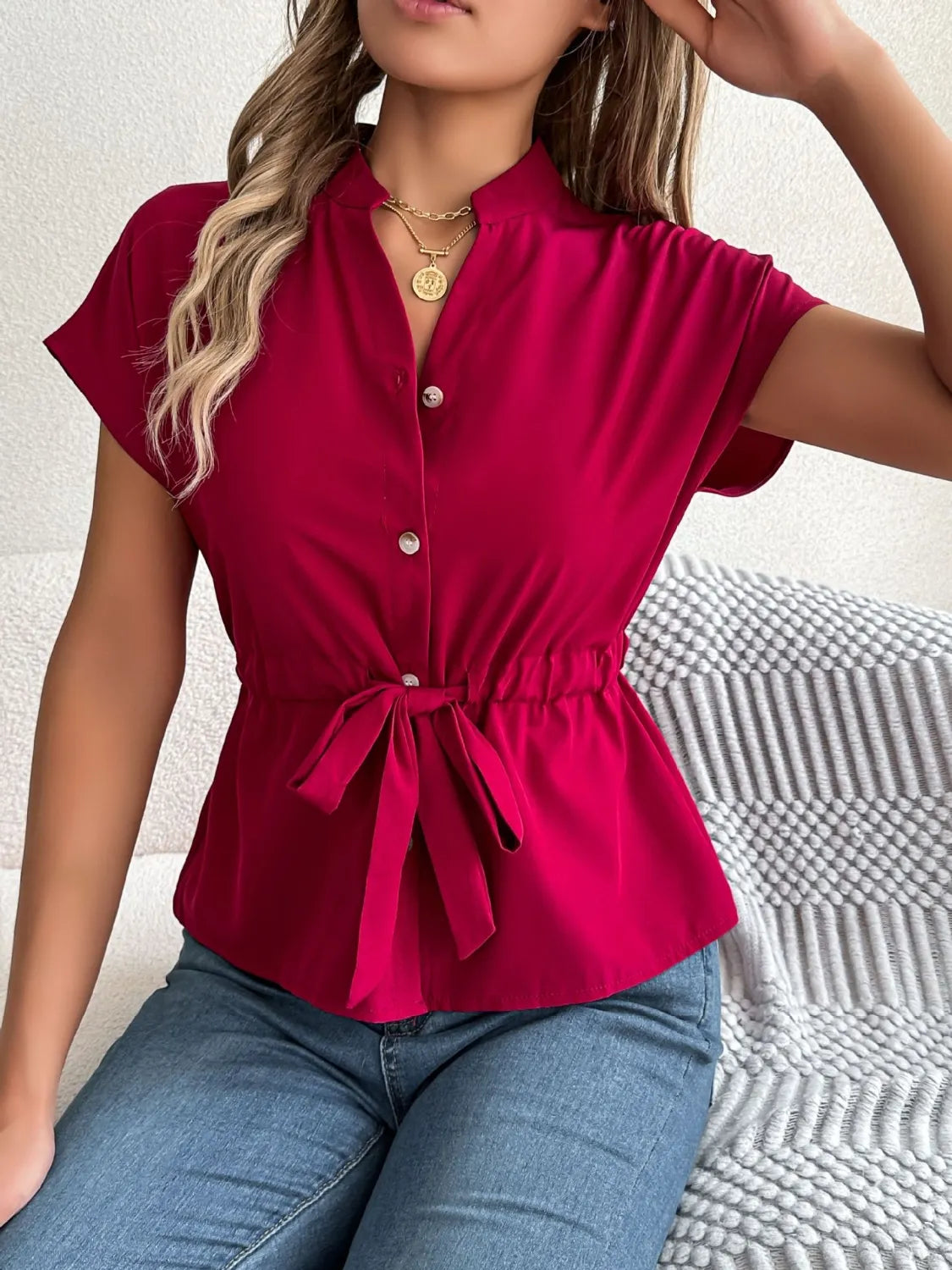 Notched short sleeve blouse, Deep Red