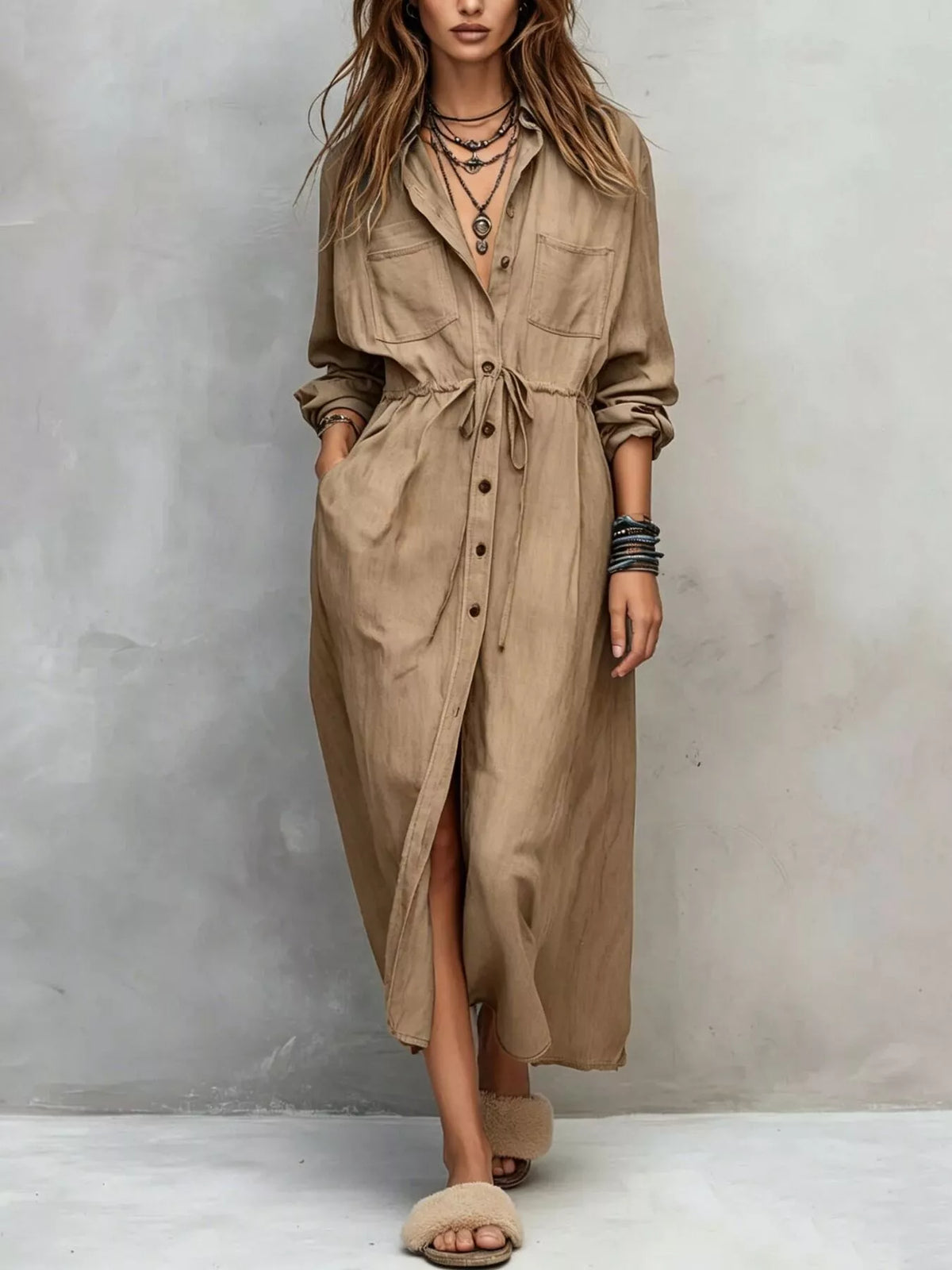 Long-sleeve shirt dress – camel