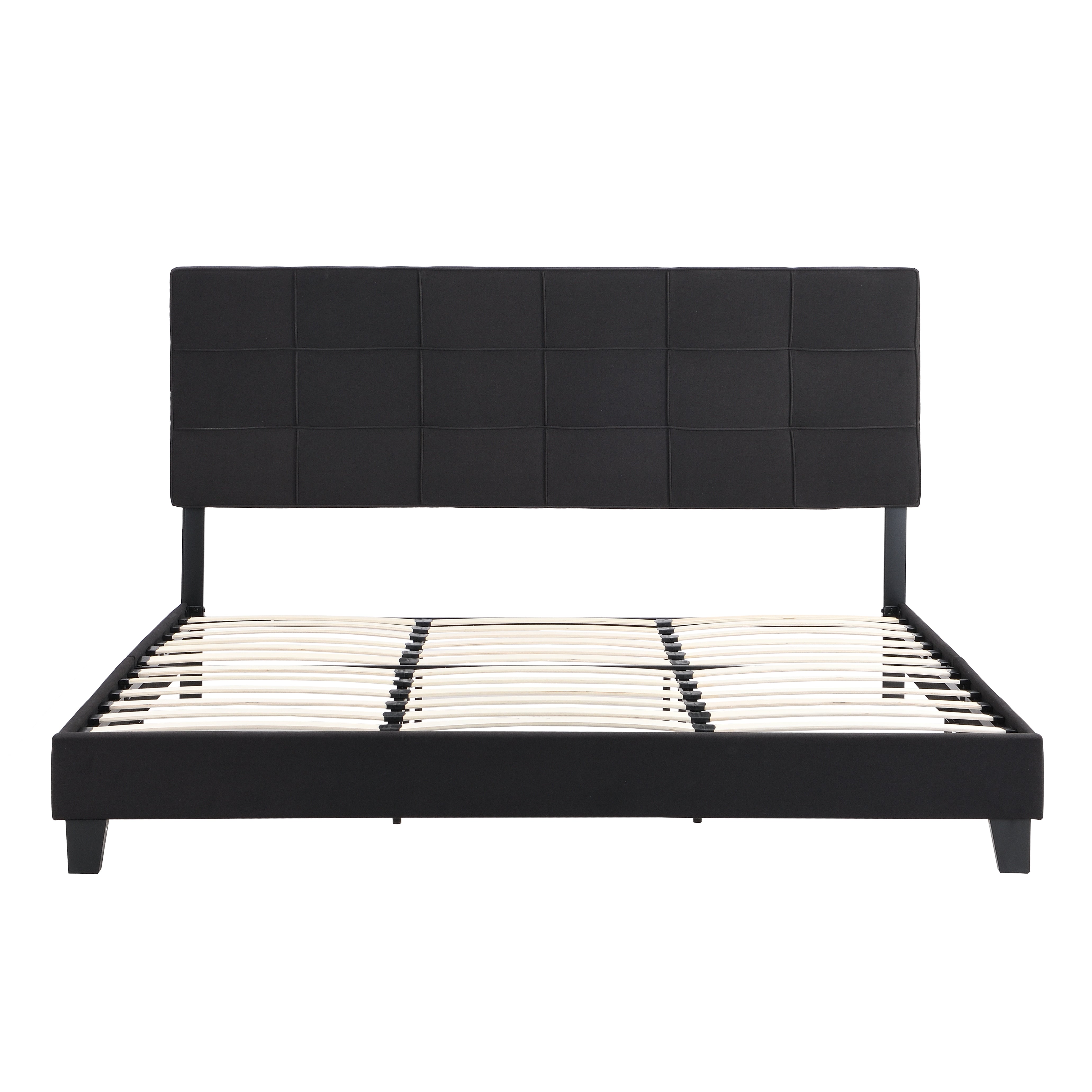 King Size Upholstered Platform Bed Frame with Linen Fabric Headboard BLACK