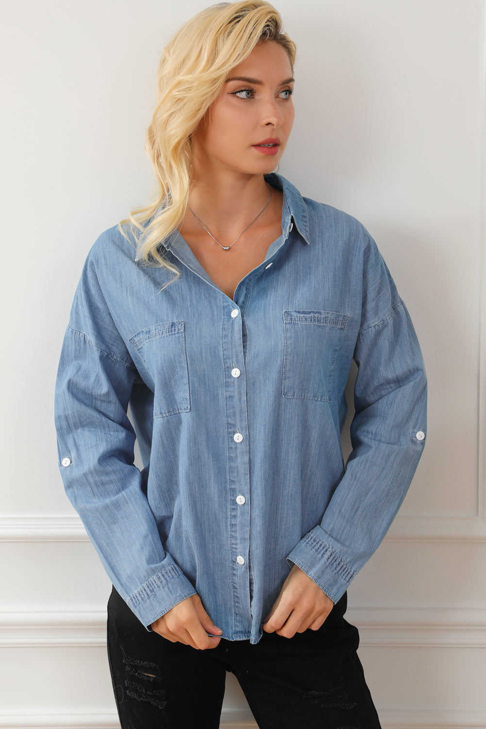 Pocketed Button Up Collared Neck Denim Top