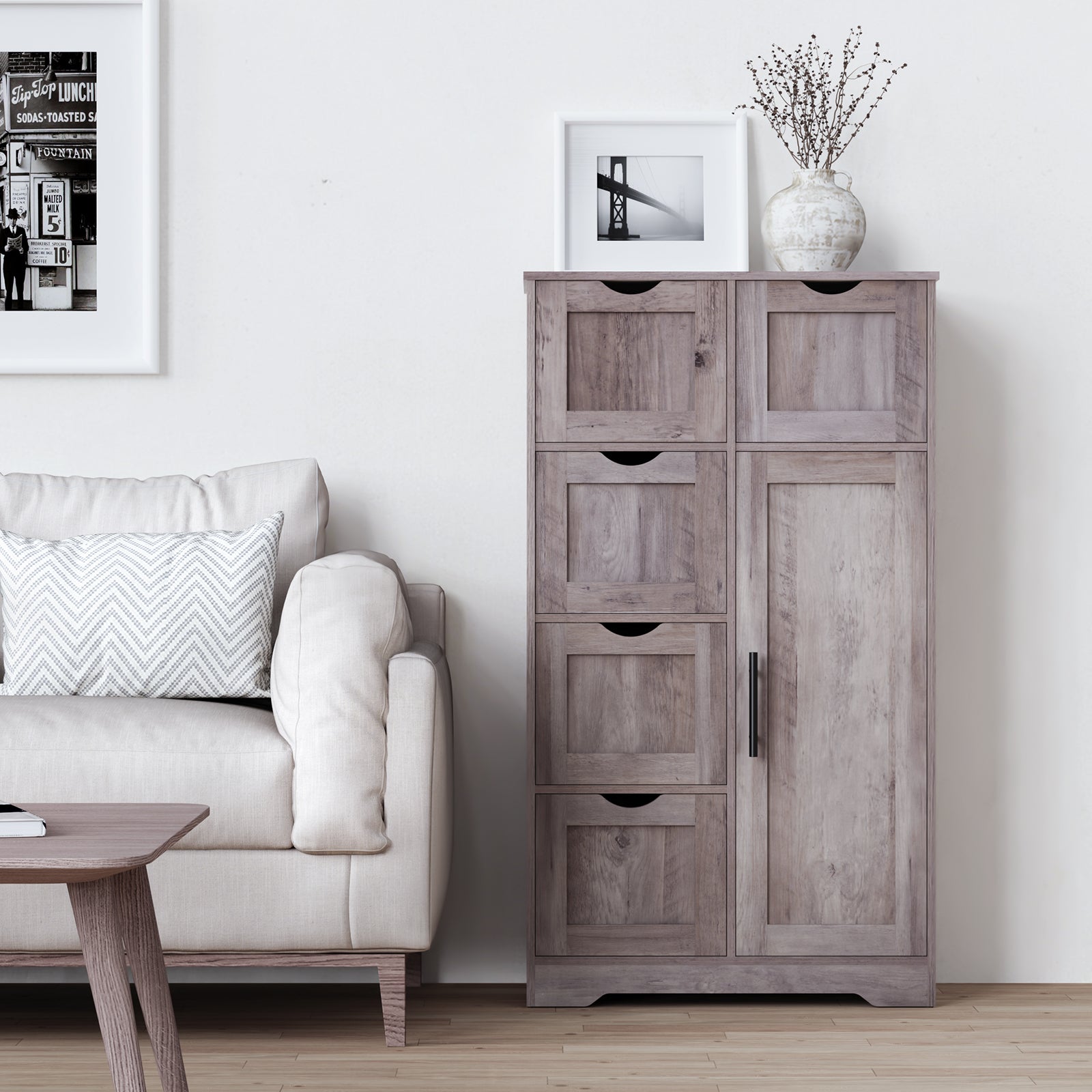 Bathroom Storage Cabinet with Storage 5 Drawers and 1 Door, Entryway Cabinet with Adjustable Shelf Grey