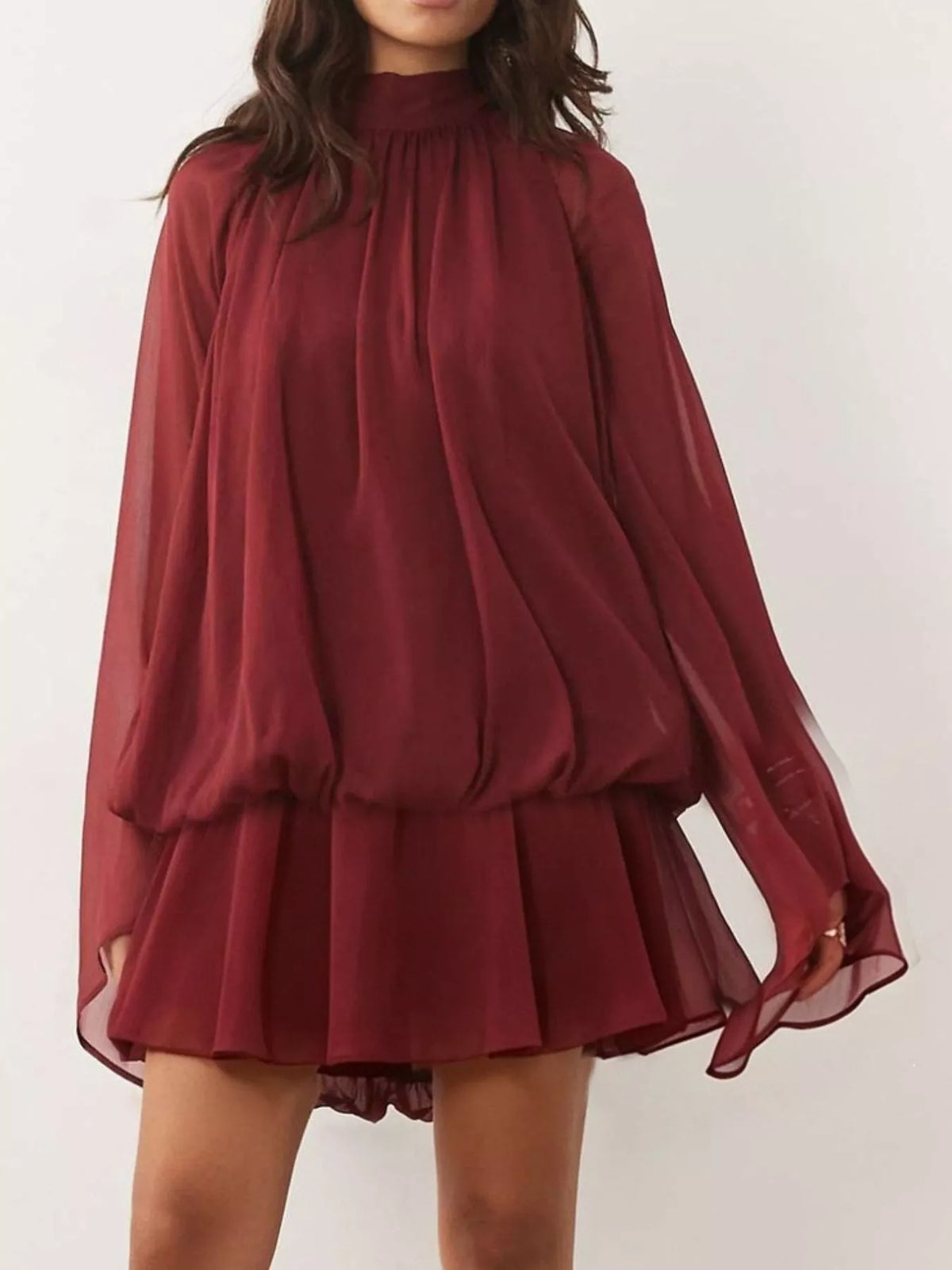 Tie-back flare-sleeve mini dress – wine red