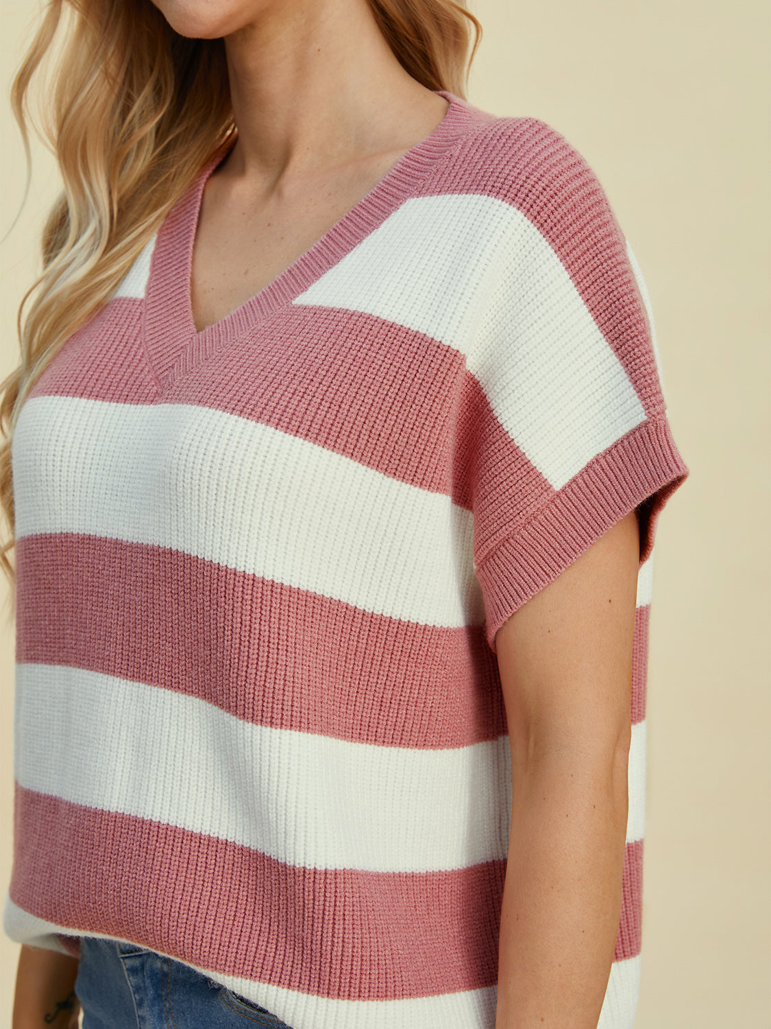 Striped V-neck short sleeve sweater