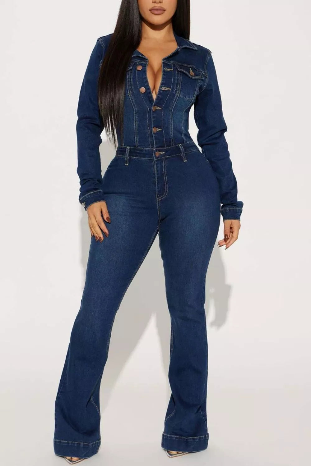 Slim-fit long sleeve denim jumpsuit with flared legs, Dark Blue