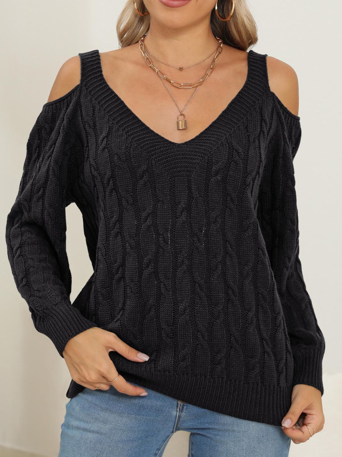 Cable-Knit V-Neck Long Sleeve Sweater