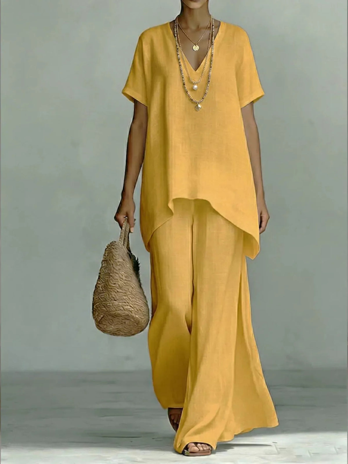 V-neck wide-leg pants set – yellow