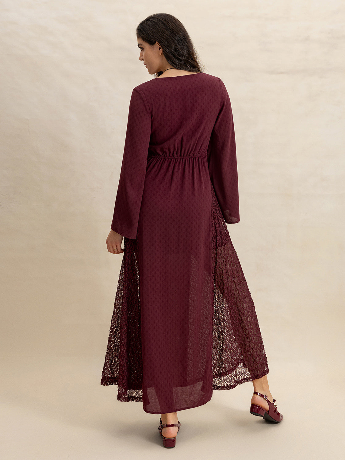 Lace Patchwork V-Neck Long Sleeve Midi Dress