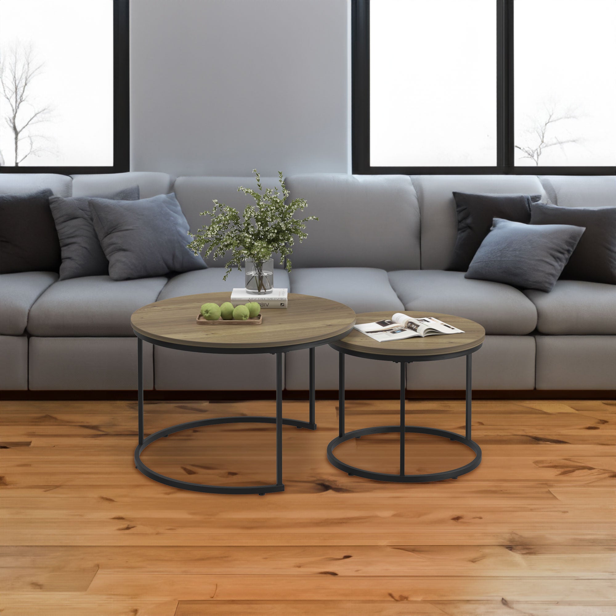 A set of nested coffee tables, 27.6-inch round coffee table, industrial wood veneer, with sturdy metal frame (brown)