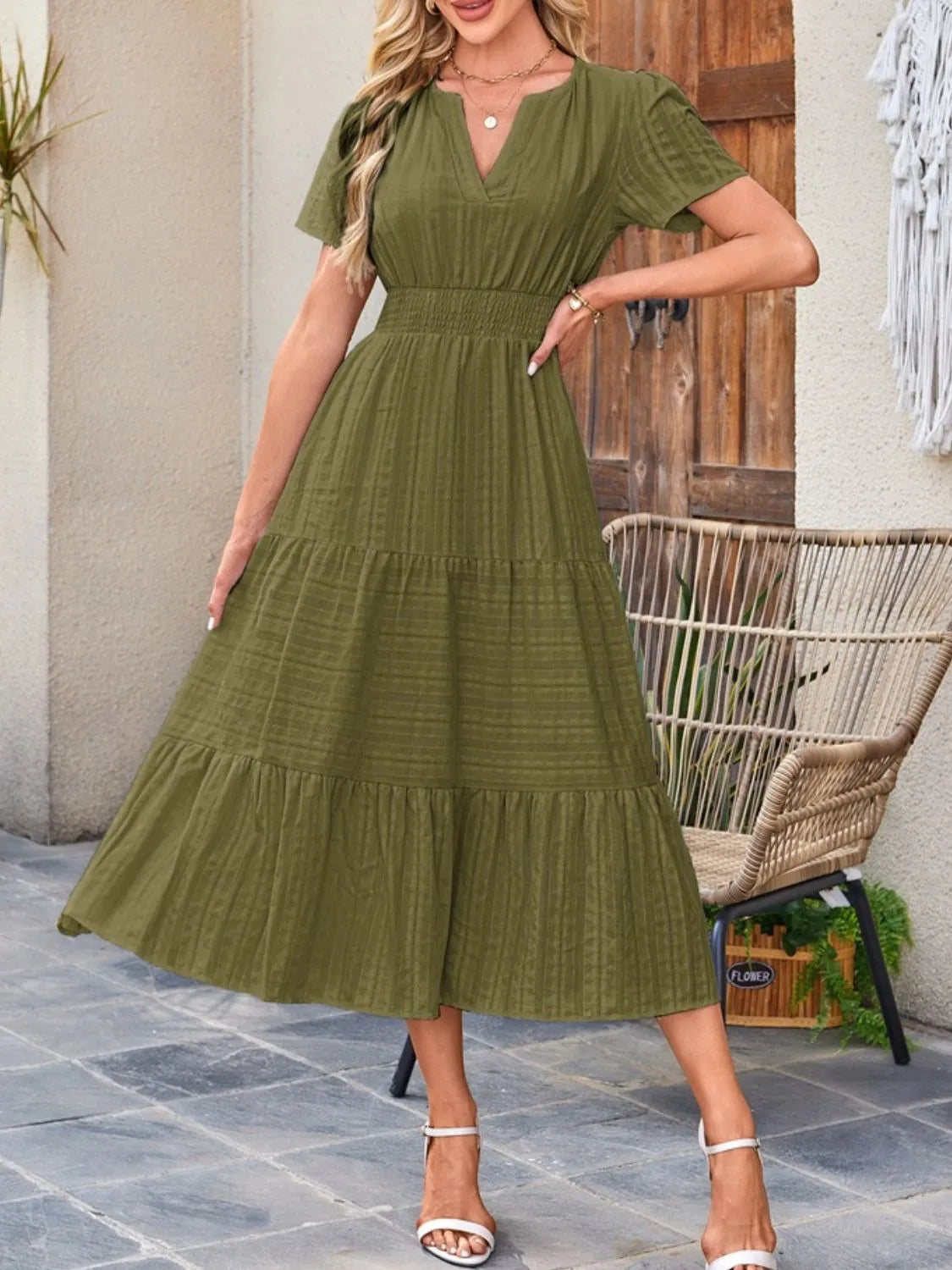 Tiered notched short sleeve dress