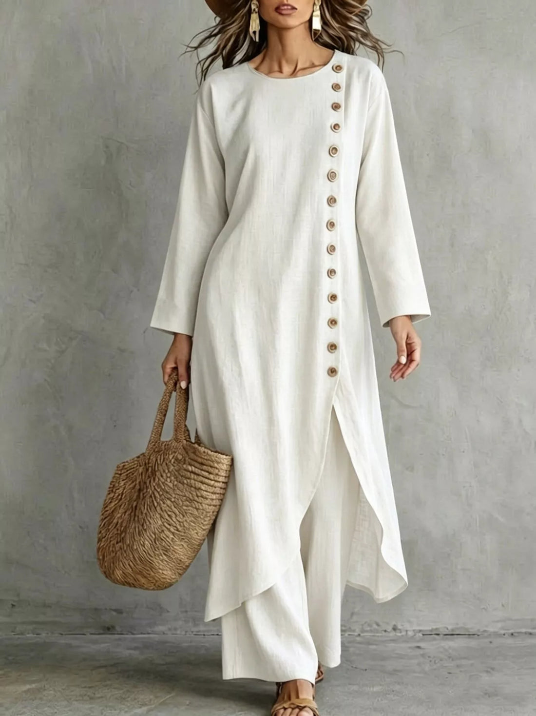 Side-buttoned longline top and pants set, White