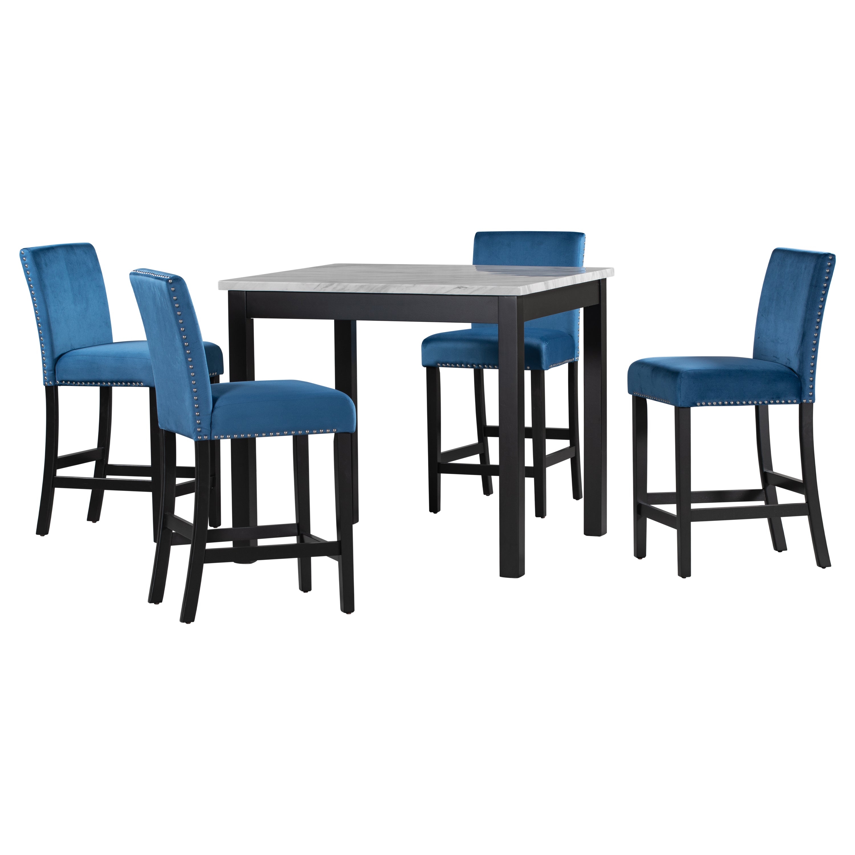 5-piece Counter Height Dining Table Set with One Faux Marble Dining Table and Four Upholstered-Seat Chairs Blue