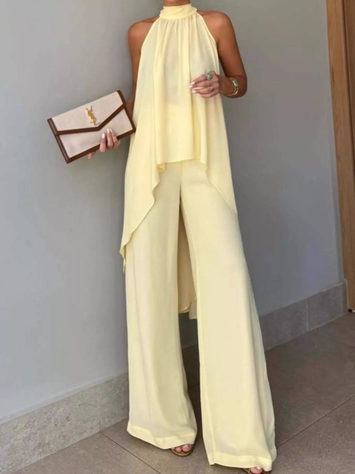 High-low sleeveless top and wide-leg pants two-piece set