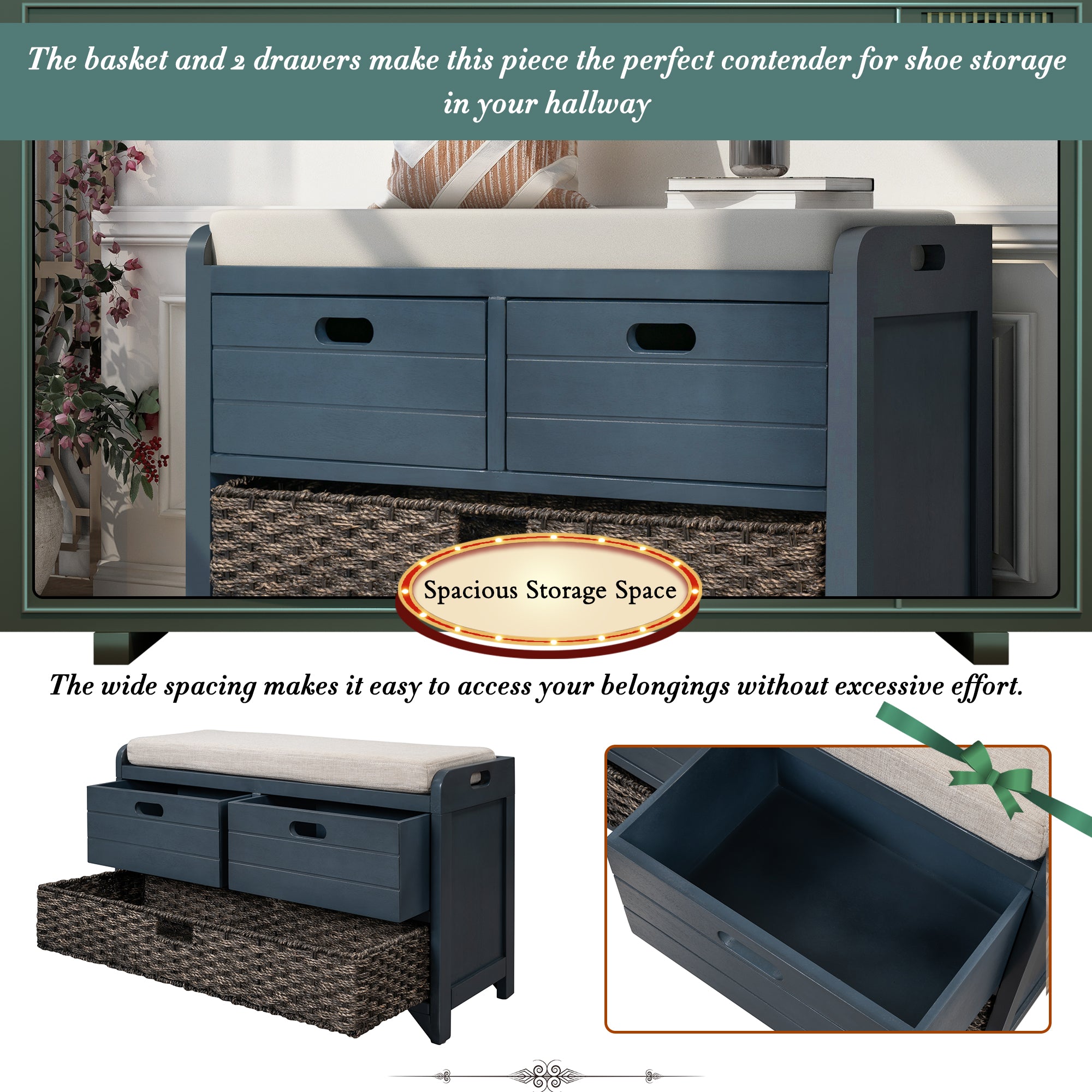 TREXM Storage Bench with Removable Basket and 2 Drawers, Fully Assembled Shoe Bench with Removable Cushion (Navy)