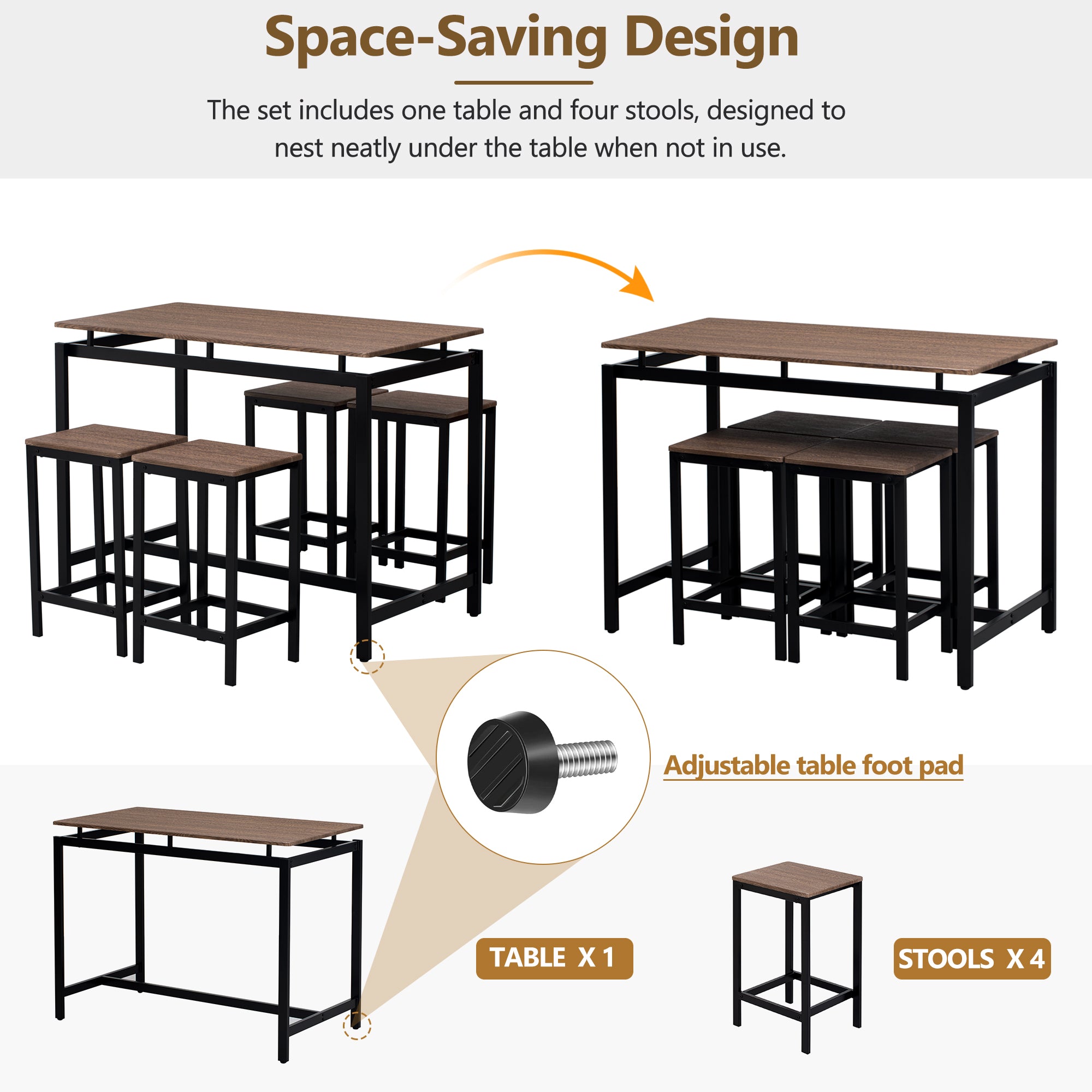 TREXM 5-piece compact bar table with table and stool - modern industrial design (dark brown)