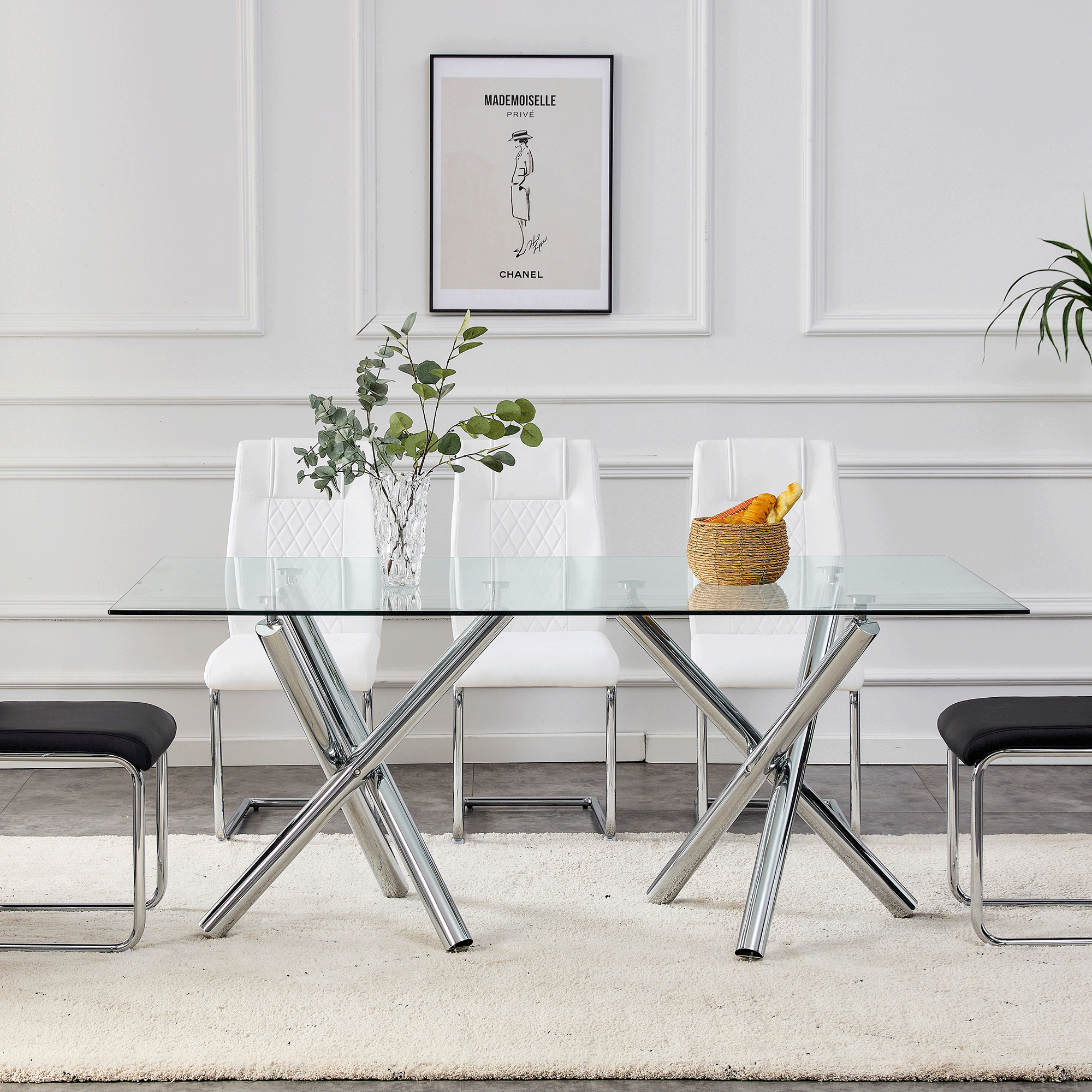 Large Modern Minimalist Rectangular Glass Dining Table for 6-8