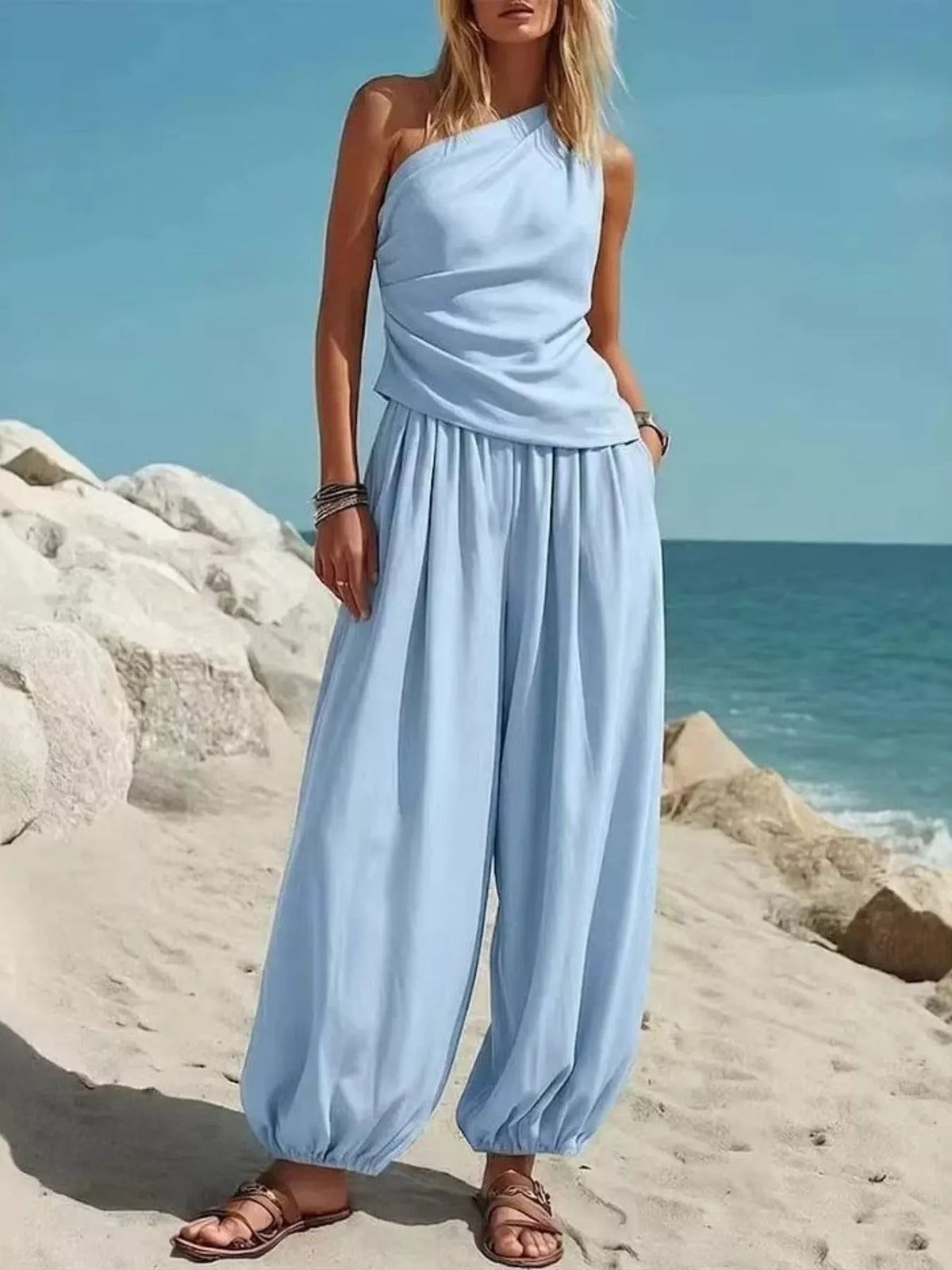 One-shoulder sleeveless top and harem pants set, Light Blue