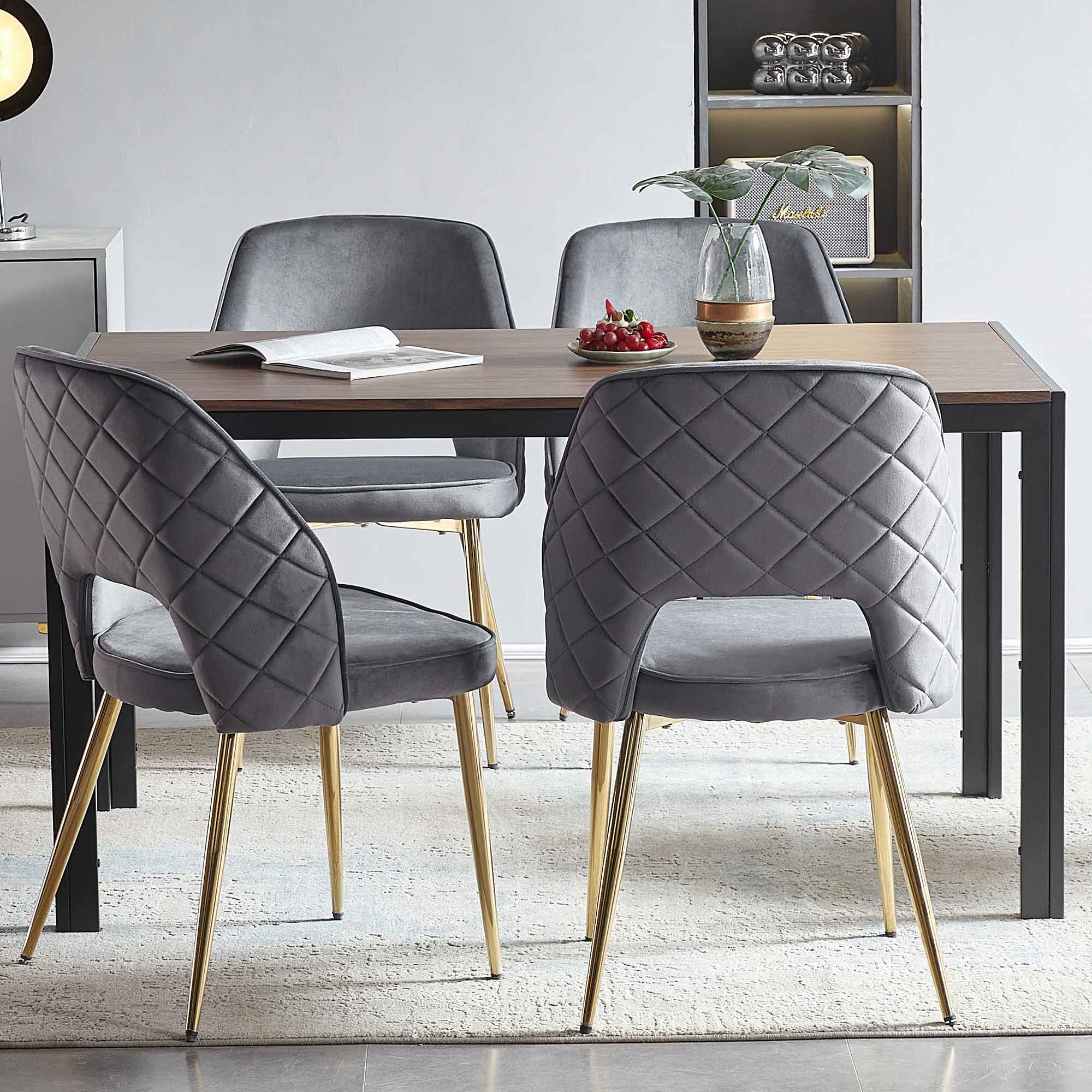 Gray Velvet Dining Chairs with Metal Legs and Hollow Back Upholstered Dining Chairs Set of 4