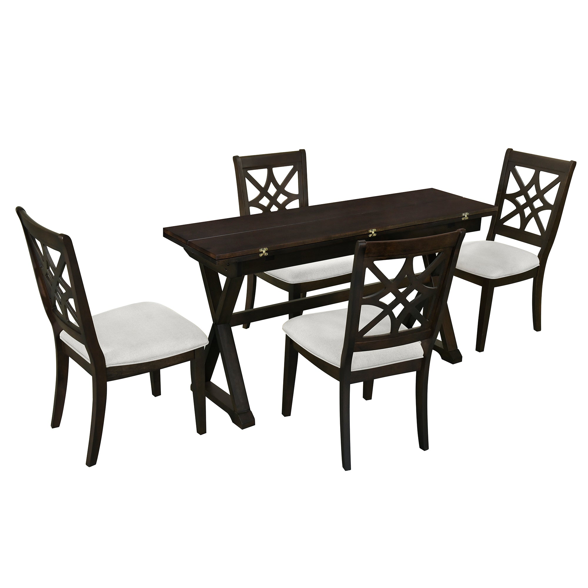 TOPMAX 5-piece set of 62 * 35.2-inch retractable dining table with two 8.8-inch consoles and deep walnut padded dining chairs