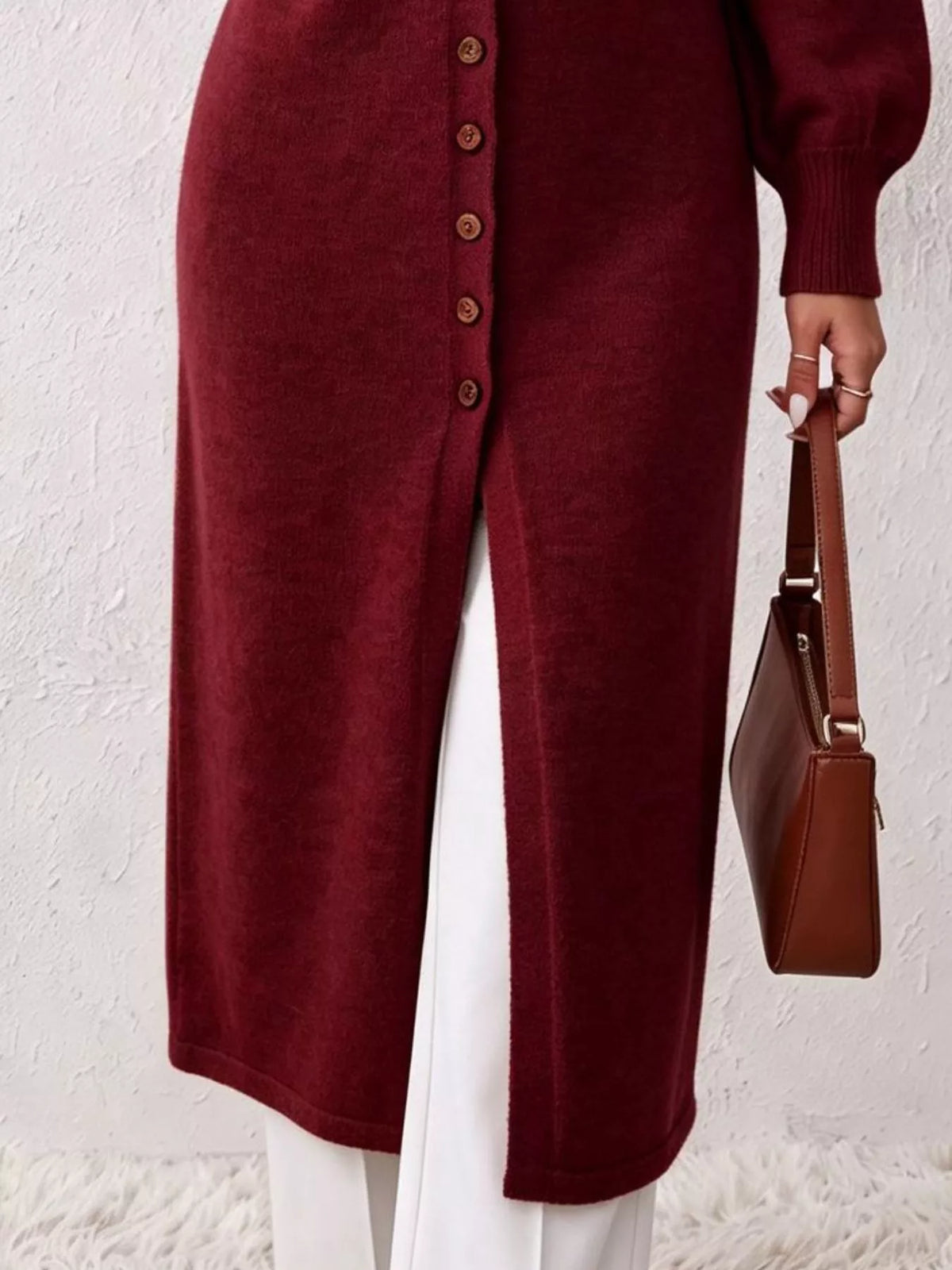 Elegant longline button-front cardigan with lantern sleeves