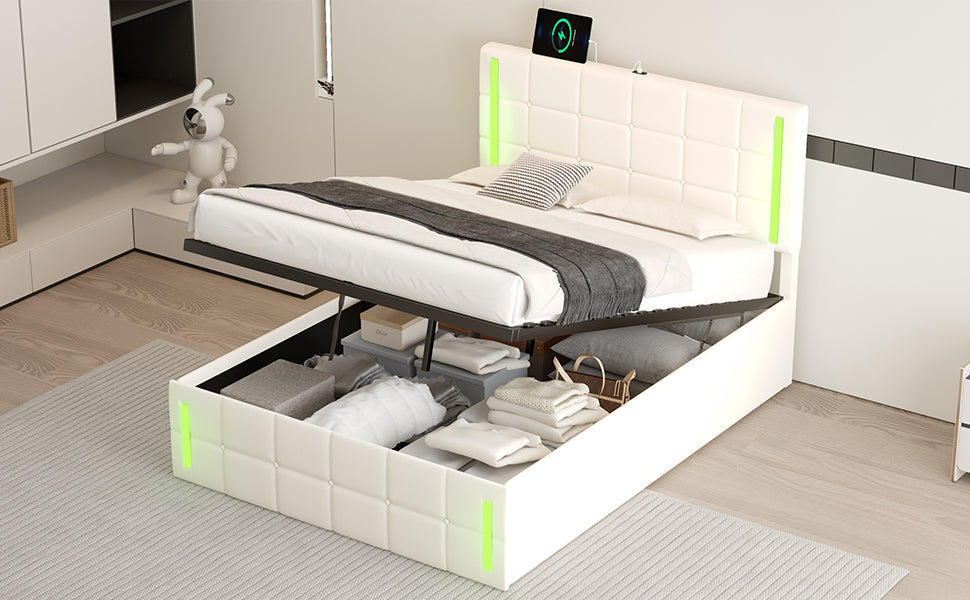 Full Size Upholstered Bed with LED Lights,Hydraulic Storage System and USB Charging Station,White