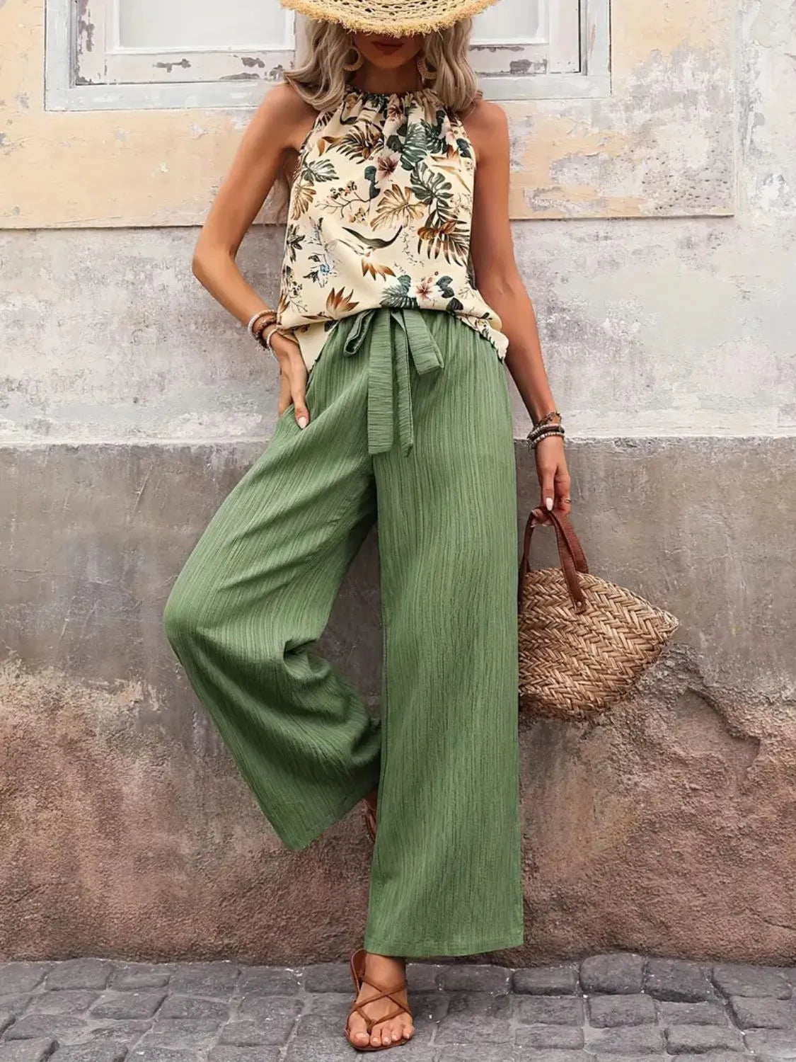 Printed tank top and wide leg pants set