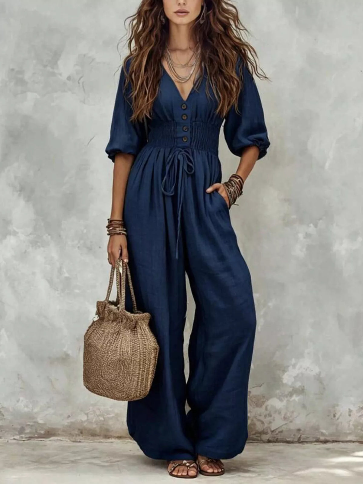 Smocked-waist wide-leg jumpsuit – navy blue