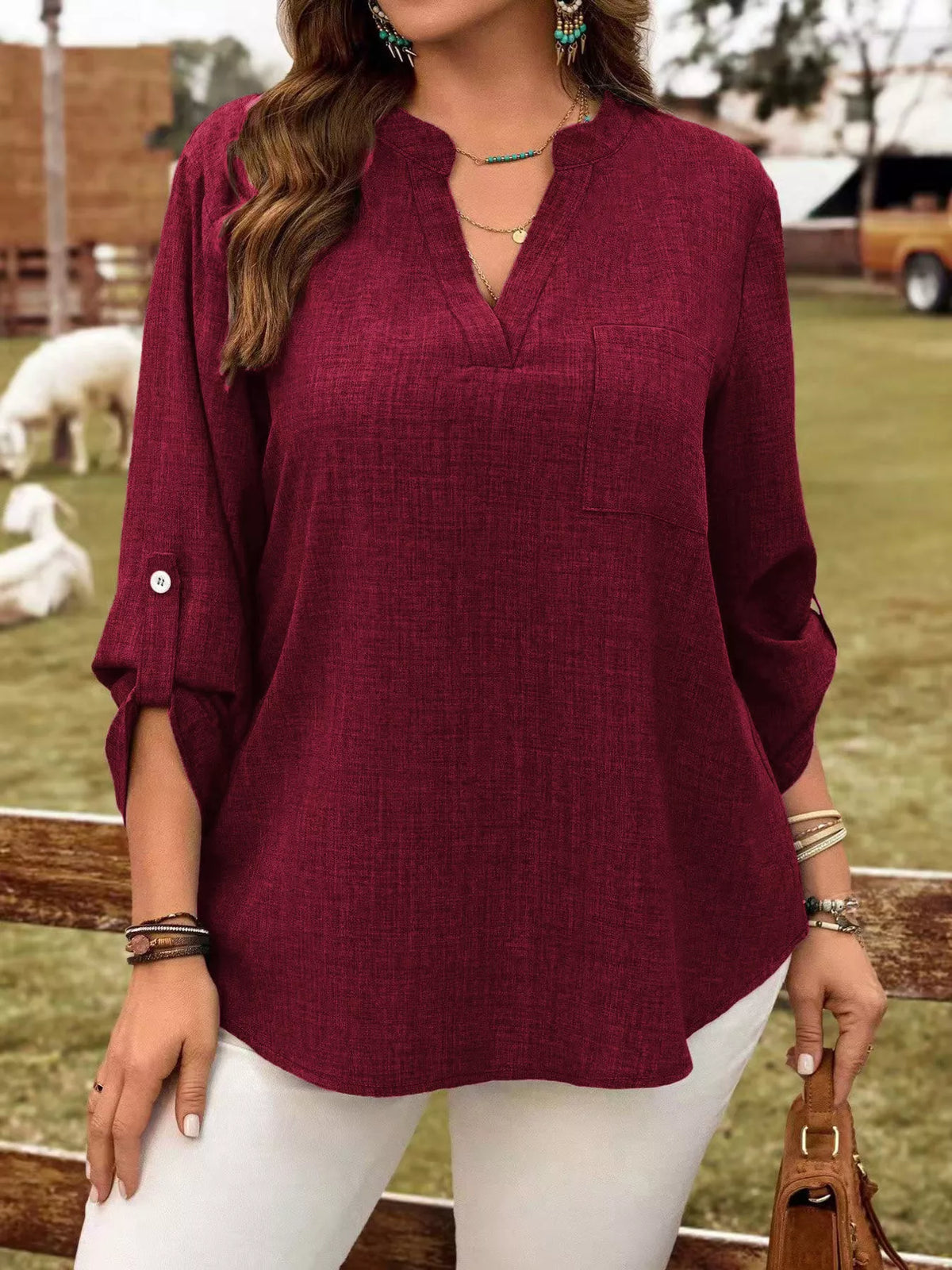 Roll-tab sleeve blouse – wine red