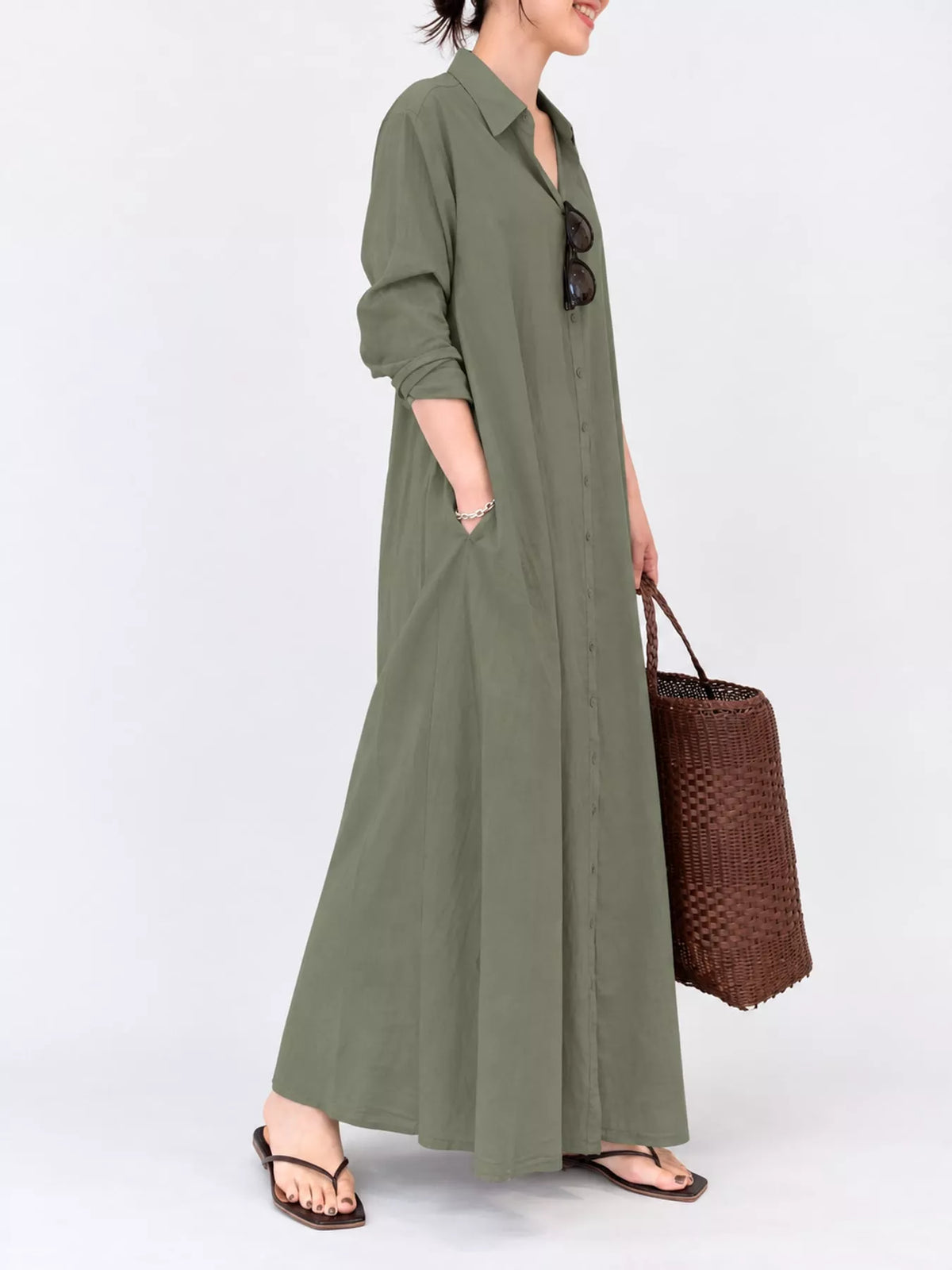 Button front long sleeve maxi shirt dress