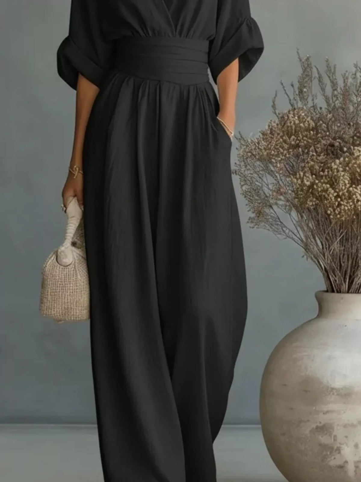 Half-sleeve wide-leg jumpsuit