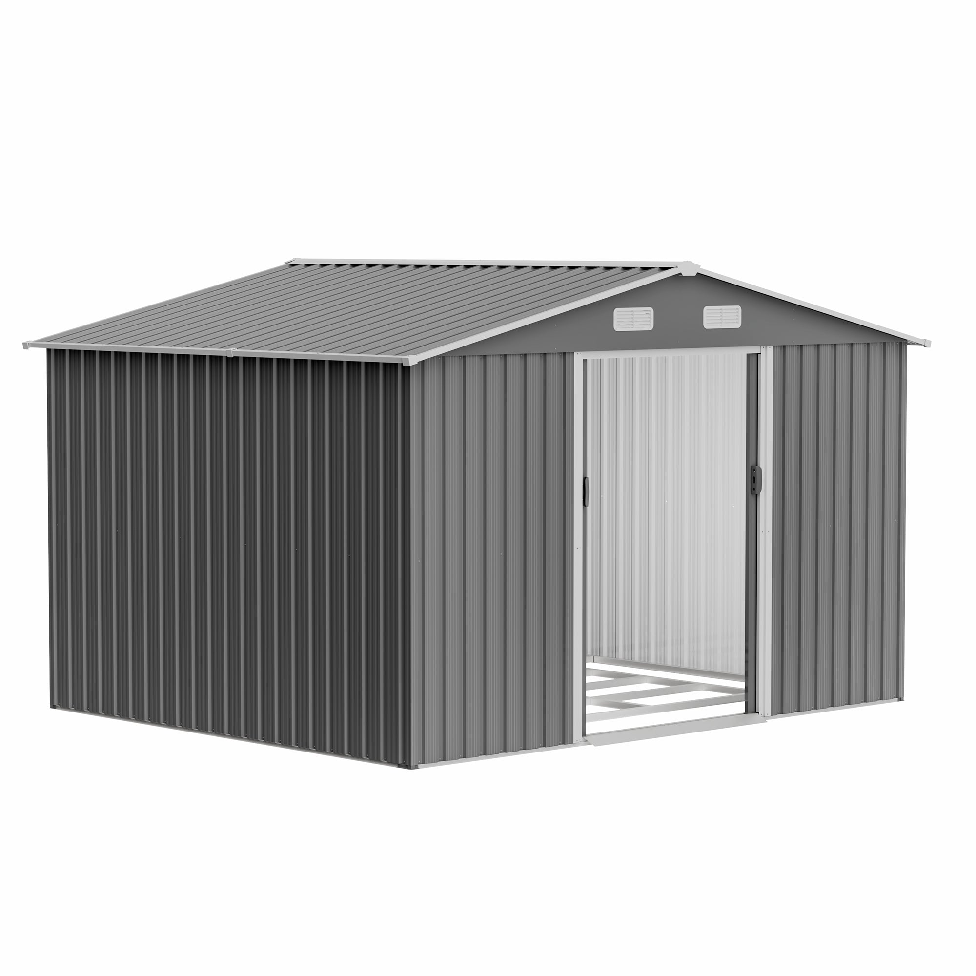 10X8 FT outdoor tool storage shed with metal foundation and lockable door, all-weather metal shed, gray