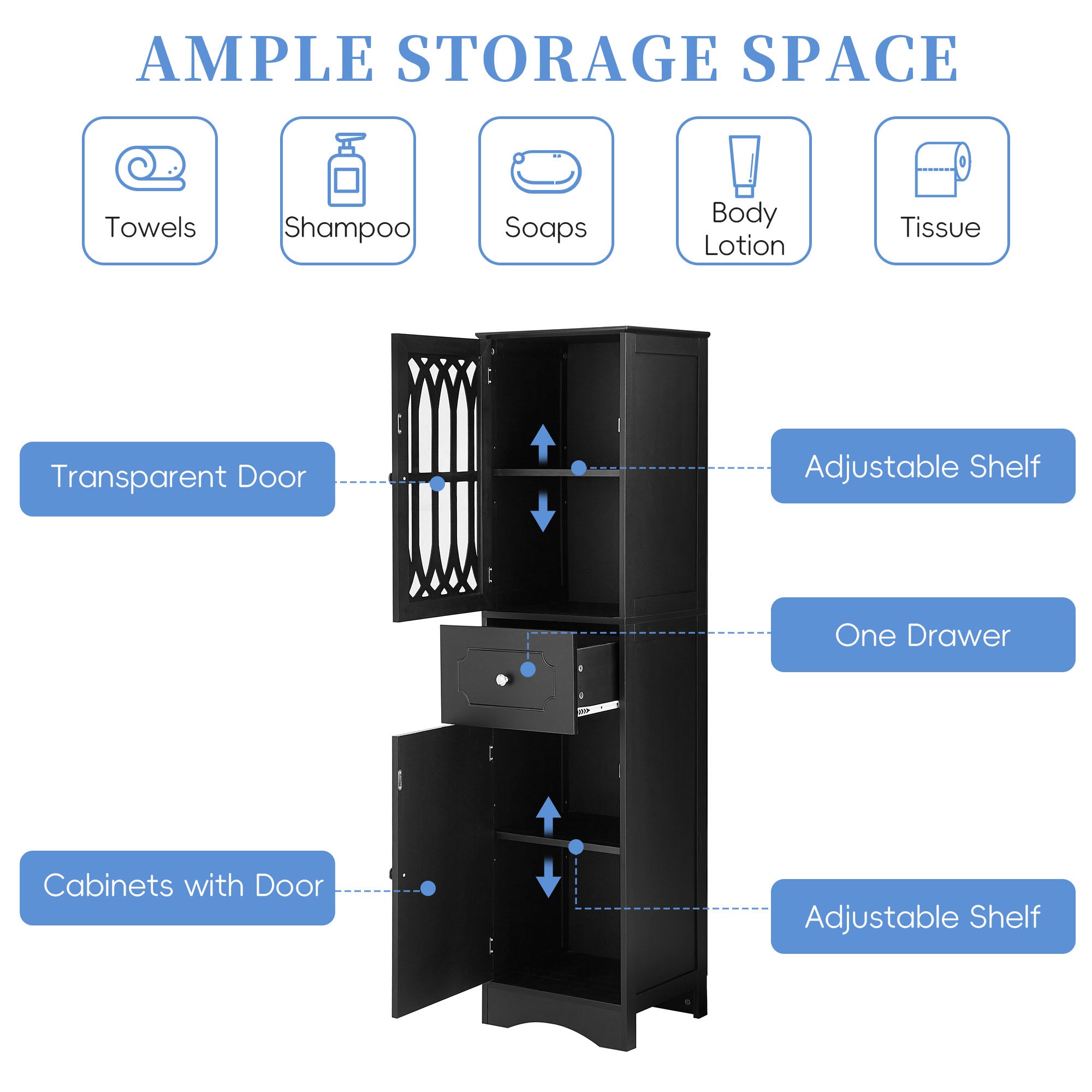 Tall Bathroom Cabinet, Freestanding Storage Cabinet with Drawer and Doors, MDF Board, Acrylic Door, Adjustable Shelf, Black