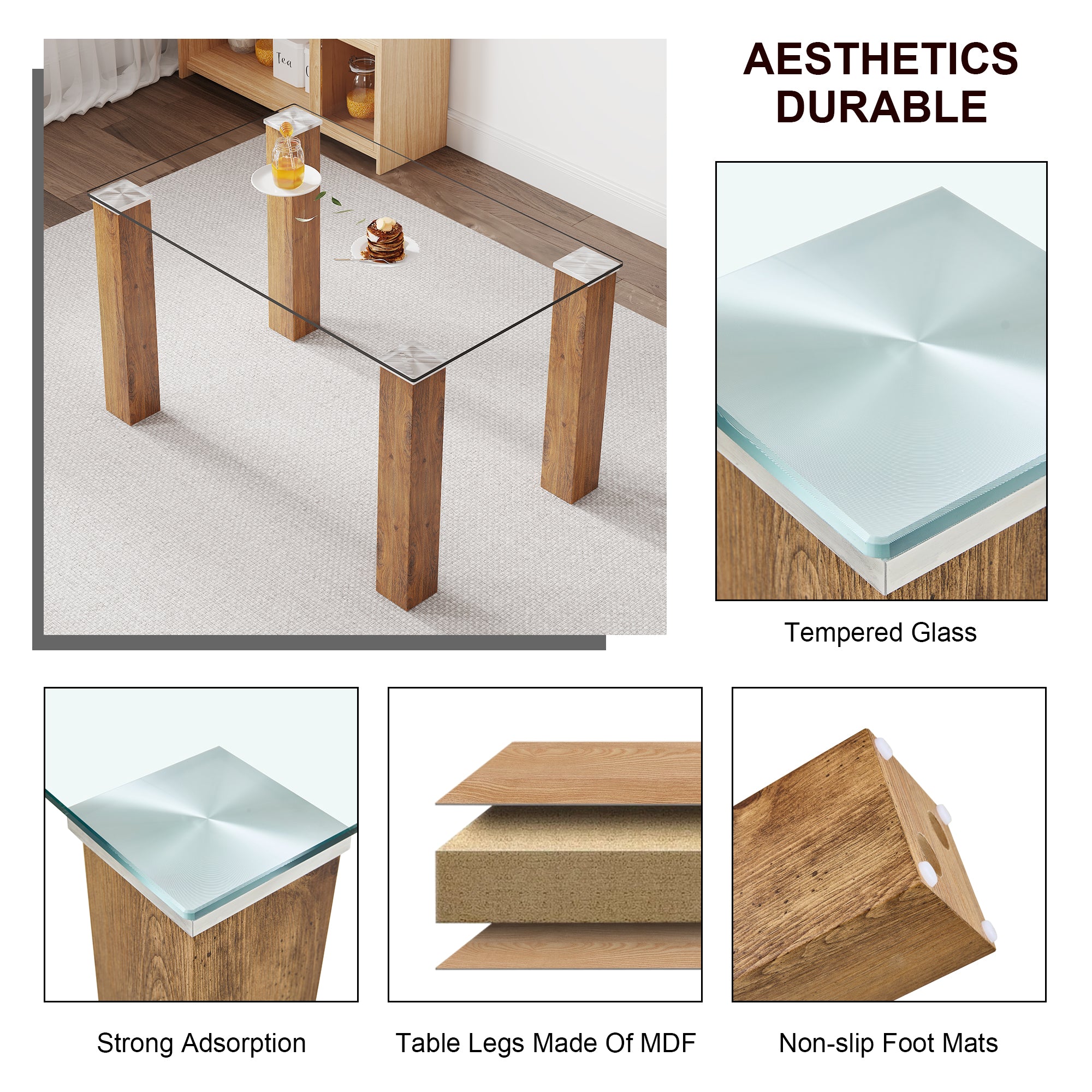 Modern minimalist rectangular dining table Glass desktop and wooden MDF table legs