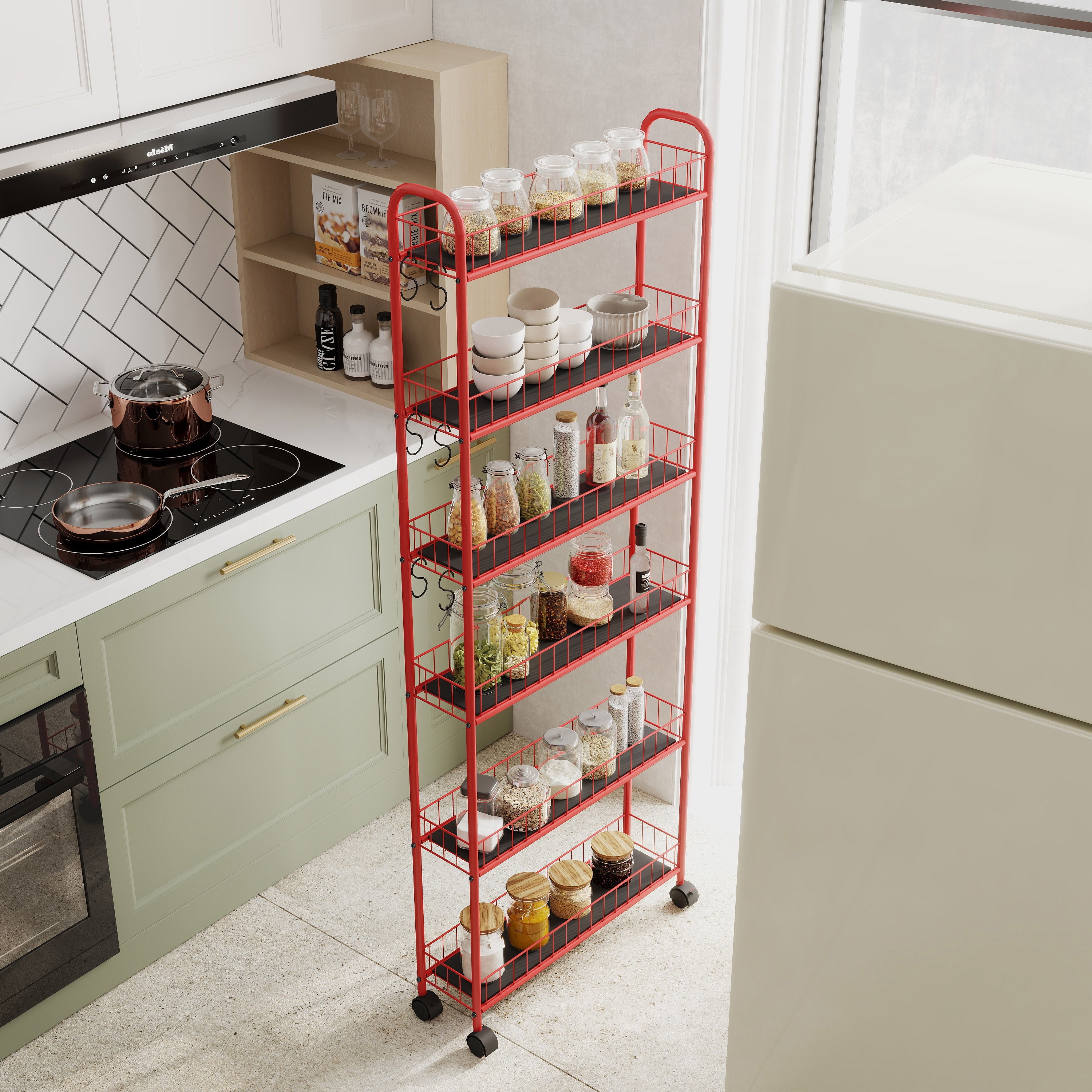 Red 6-story rolling cart gap kitchen ultra-thin sliding out storage tower shelf with wheels, 6 baskets