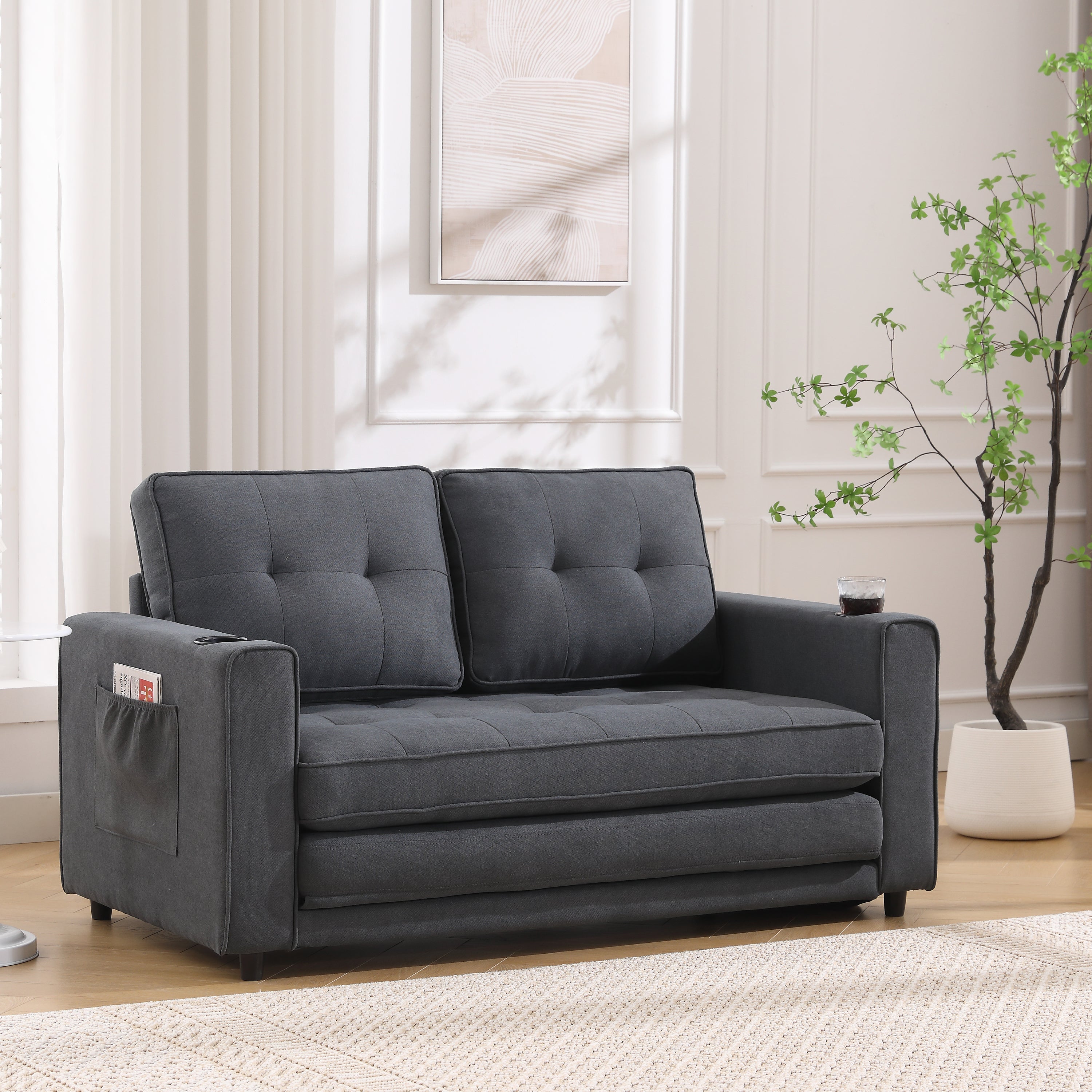 Three in one soft cushion cushion cushion sofa, folding mattress sofa bed, with side pockets and cup holder, dark gray