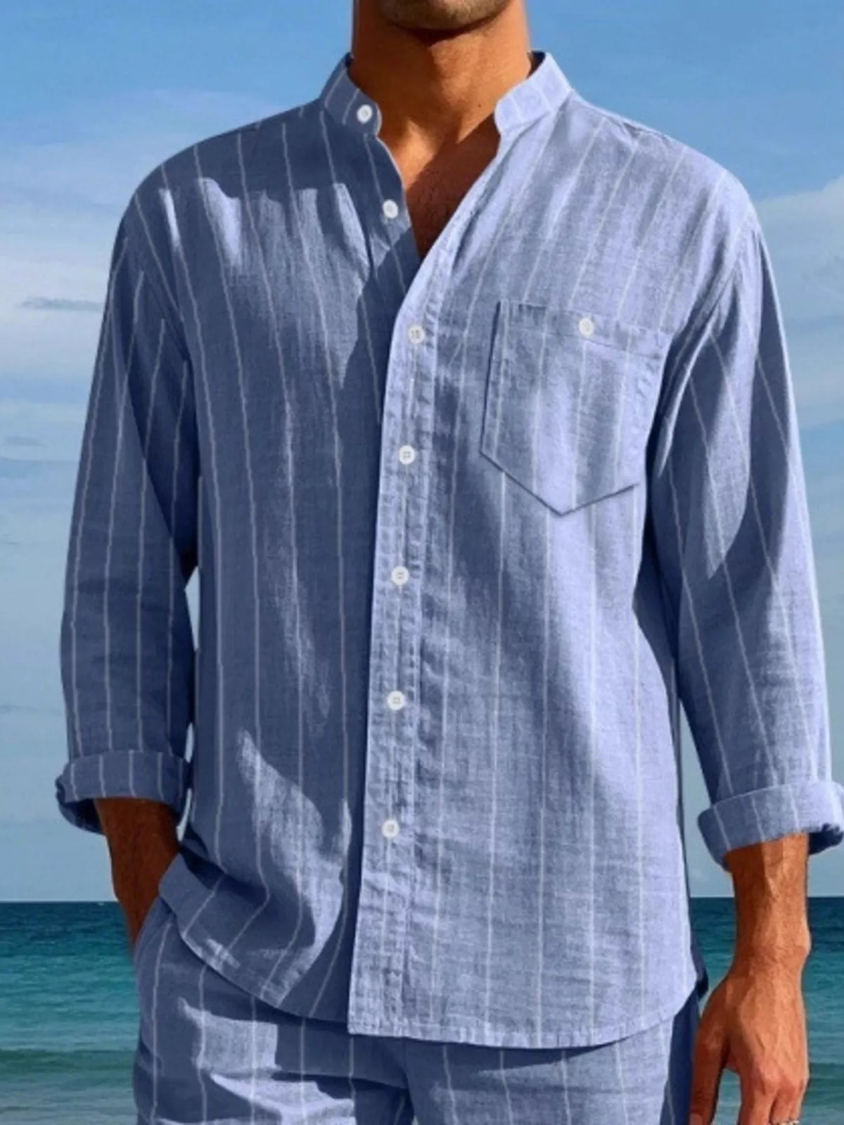 Striped button-up shirt – sky blue
