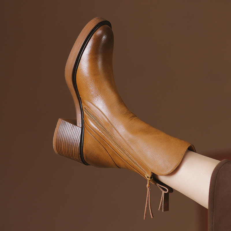 Block heel zip ankle boots, Brown, inner side