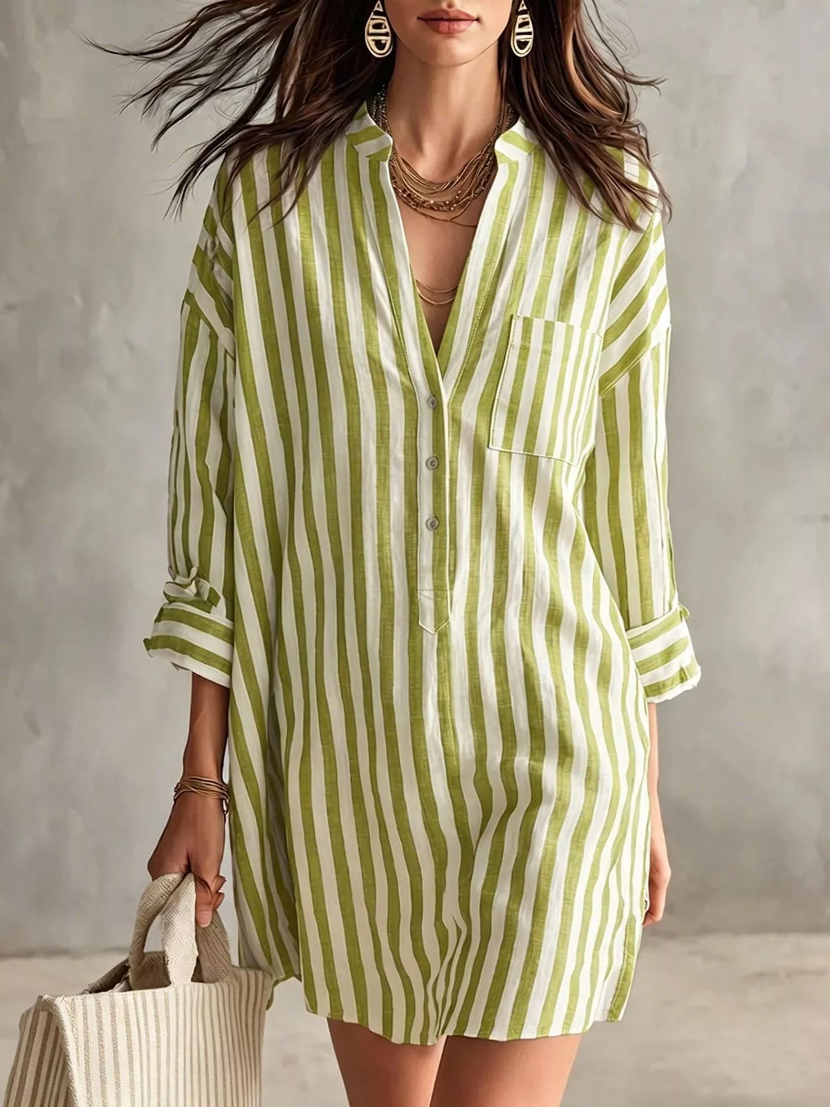 Striped 3/4 sleeve shirt dress, Green