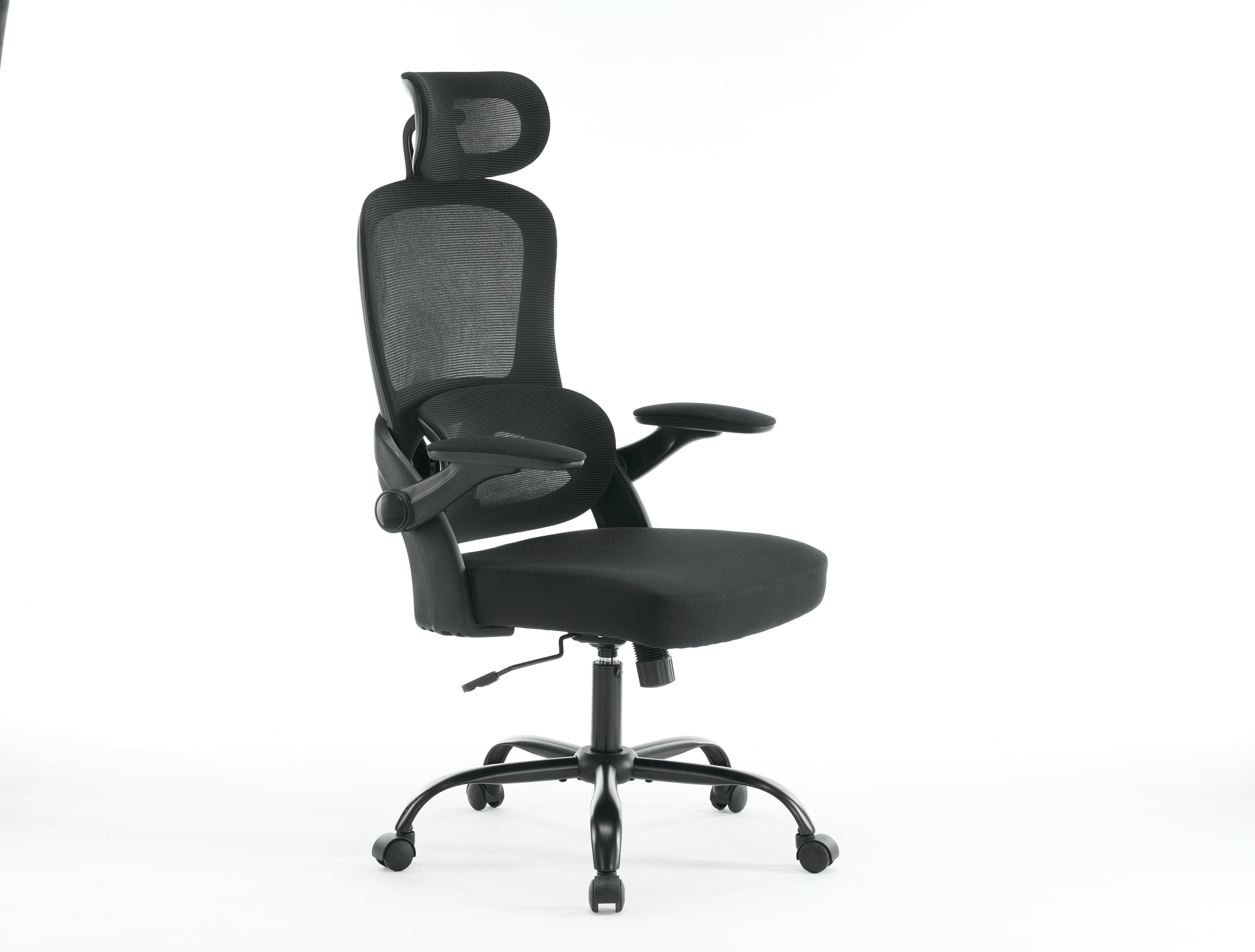 High backrest mesh office chair with 3D armrests, rotating computer task chair with adjustable 2D headrest, tilt function black