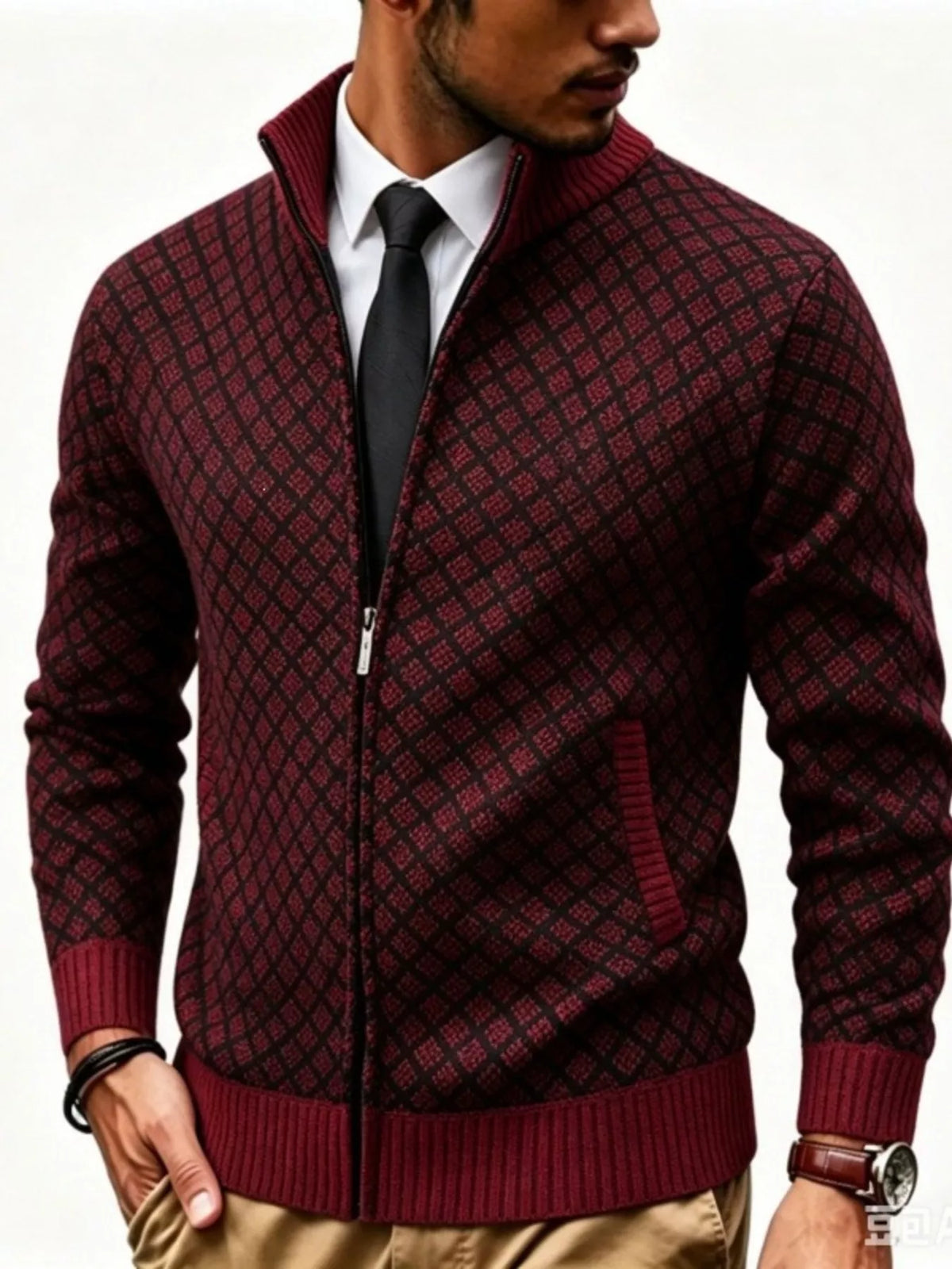 Geometric patterned full-zip cardigan, Burgundy