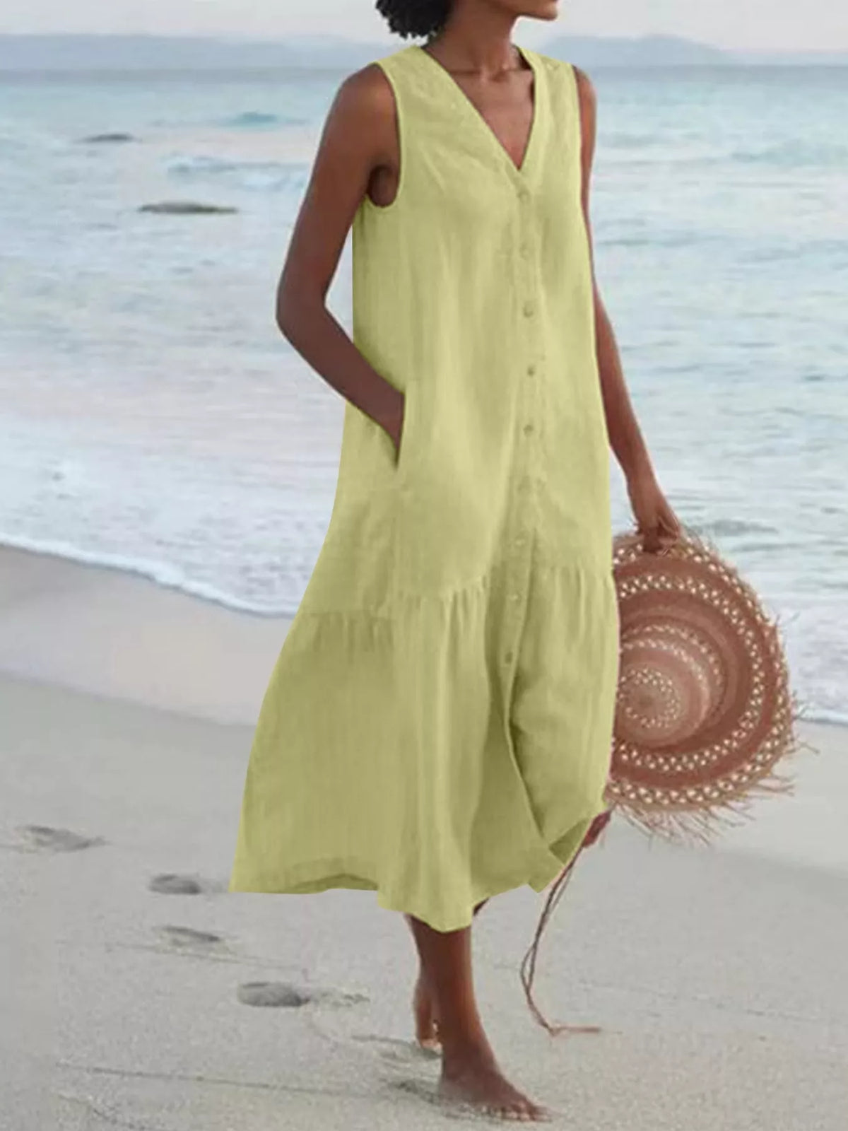 V-neck button front sleeveless midi dress, Light Green