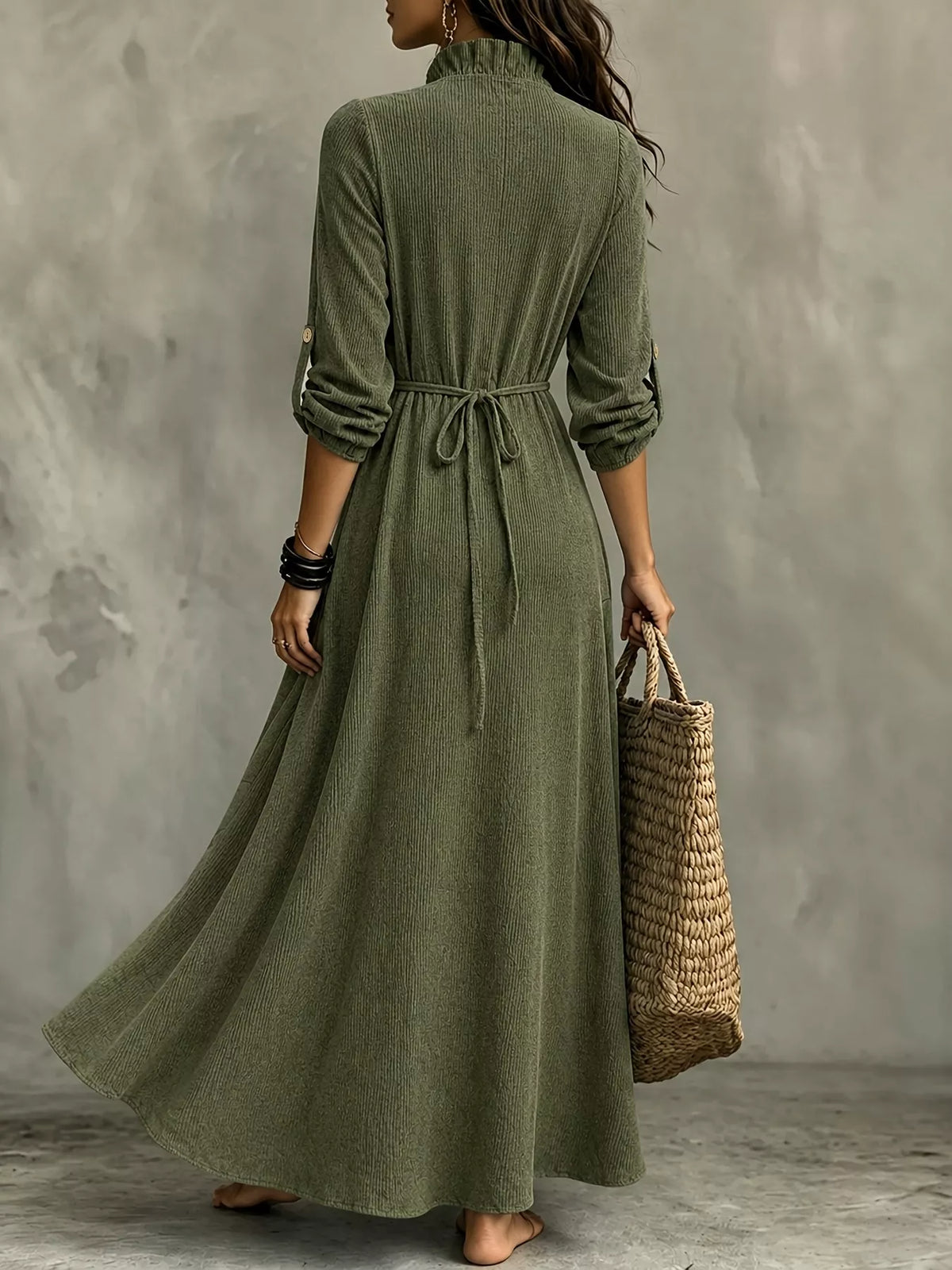 Roll-sleeve V-neck maxi dress