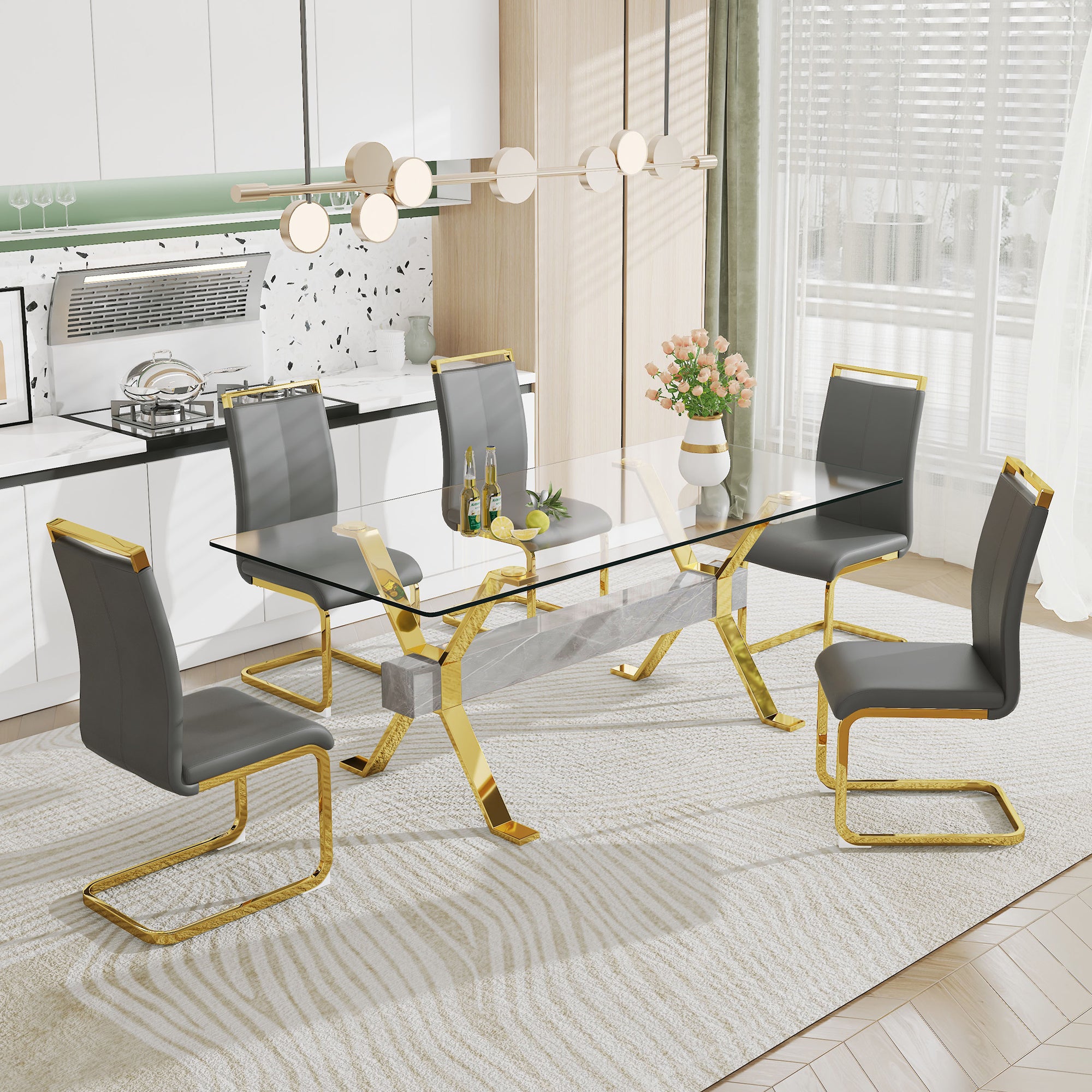 Dining table Modern tempered glass dining table Large modern office desk with gold plated metal legs and MDF crossbars