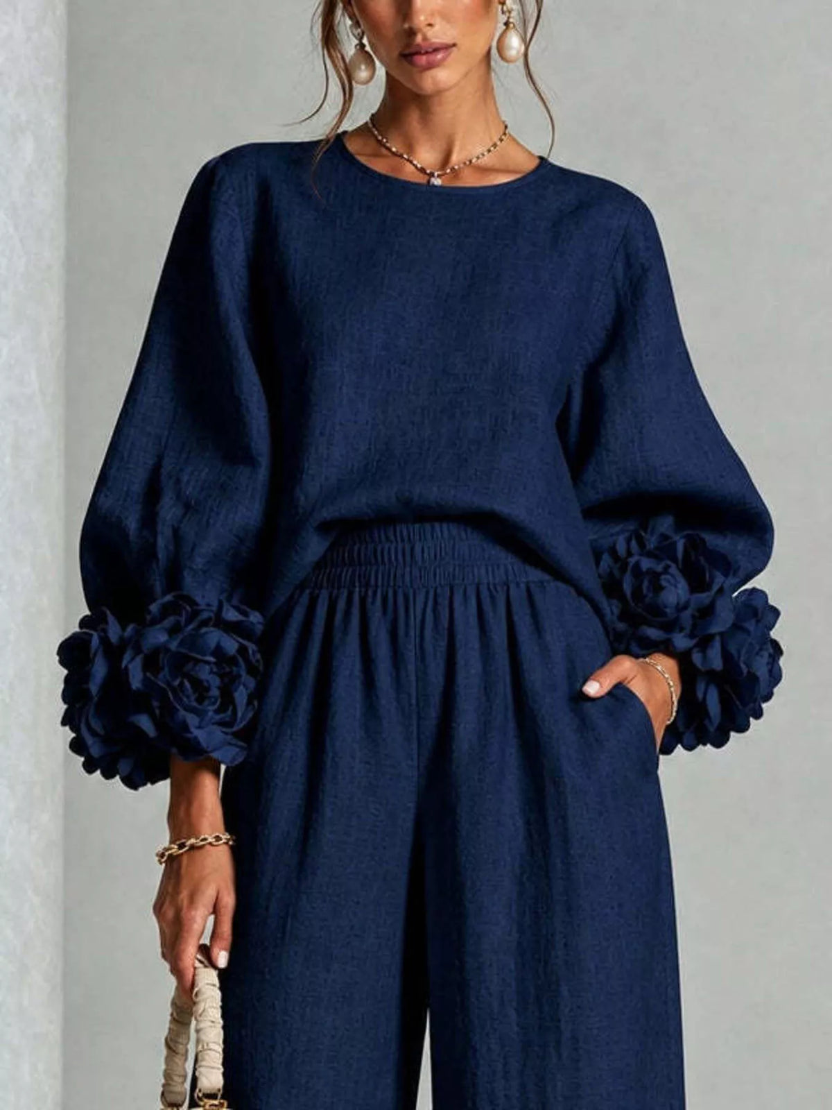 Floral-cuff top and pants set
